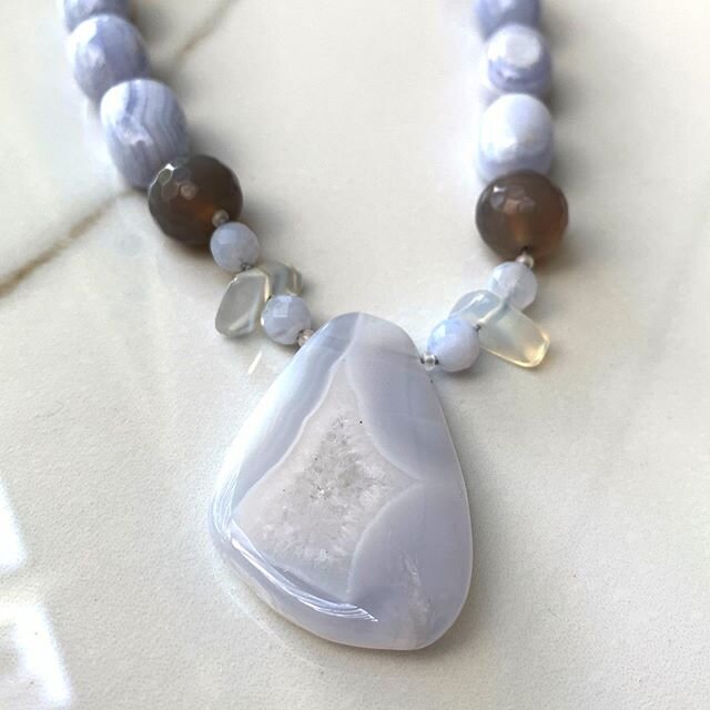 Blue lace agate and agate necklace. 
#semiprecious #agate #beadedjewelry #oneofakind #minerals #gemstones