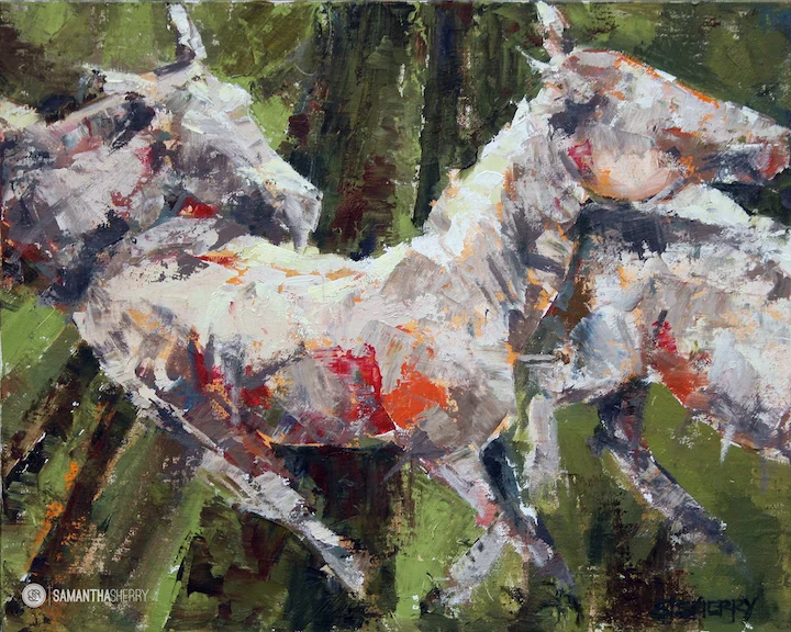 Alamosa Blondes Horse Portrait/Painting Acrylic, gouache, watercolor, conte crayon on cotton paper. © Samantha Sherry. May not be reproduced without express written permission from the artist.