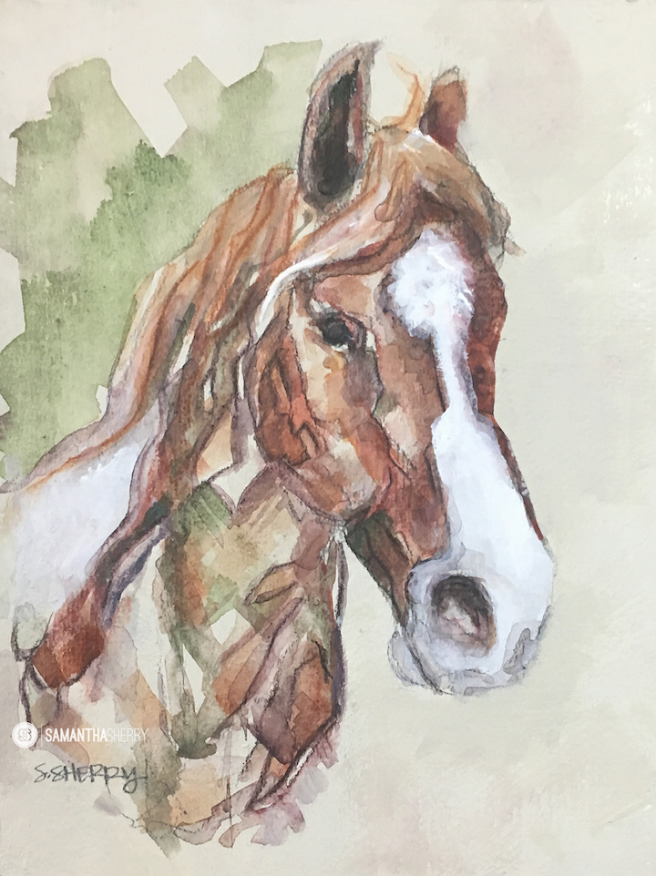 Horse Portrait/Painting Acrylic, gouache, watercolor, conte crayon on cotton paper. © Samantha Sherry. May not be reproduced without express written permission from the artist.