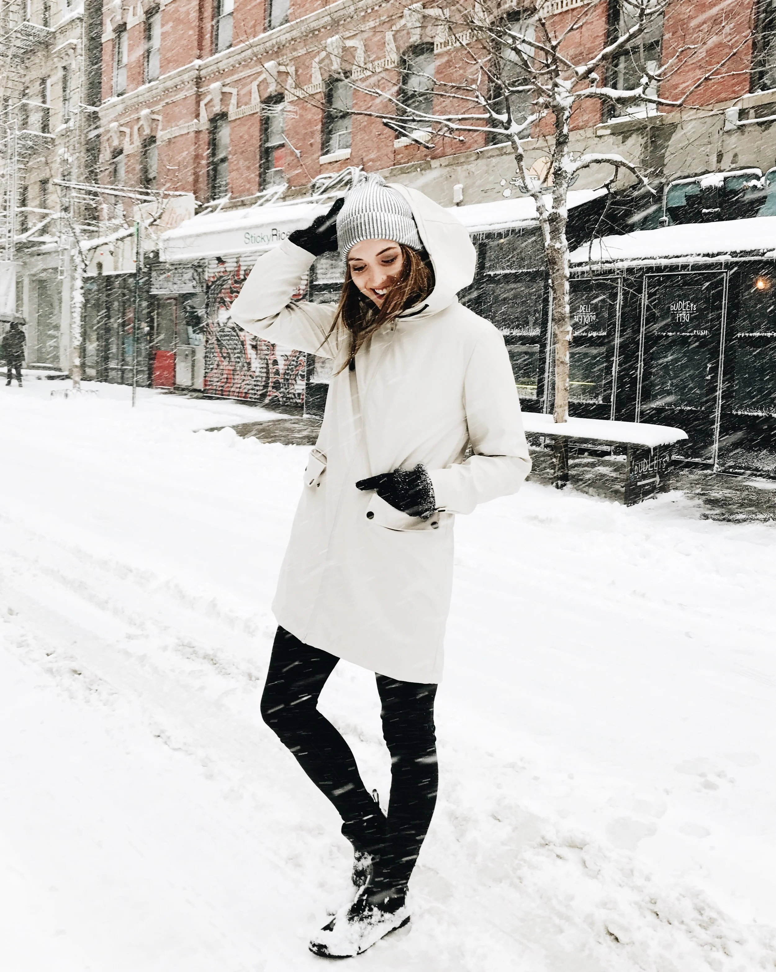 Embracing the snow storm on the first day.