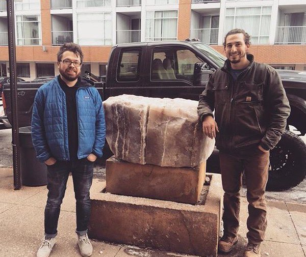 I moved a 300 million year old salt block onto this plinth at SPACES gallery in Cleveland, in essence partially replicating a work completed by Brinsley Tyrrell in 1996. Pictured is Brandon Barski (right) of Great Escapes Landscaping who helped me transport and place the block.