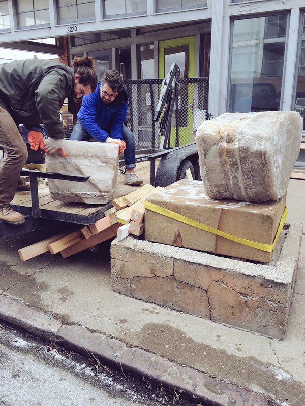The next morning I worked with Brandon to place the block on the plinth, we discovered that the block was actually in two pieces and we were able to roll them separately onto the plinth.
