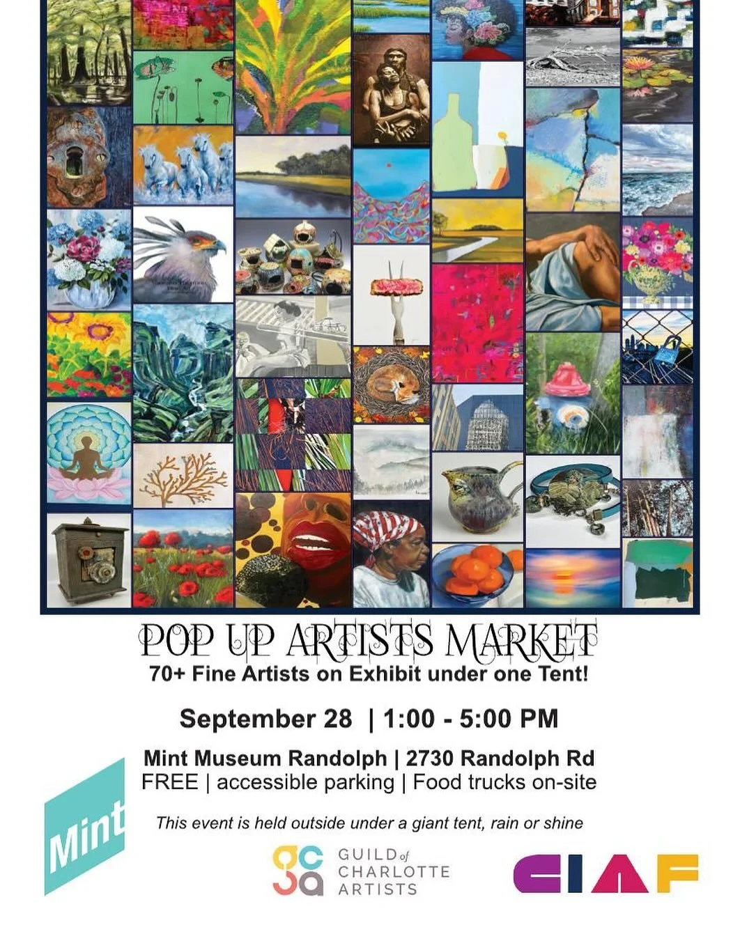Tomorrow! See you at the @guildofcharlotteartists Pop-Up Artists Market &mdash; 70+ artists, live music, food trucks &mdash; 1-5pm, @themintmuseum Randolph.