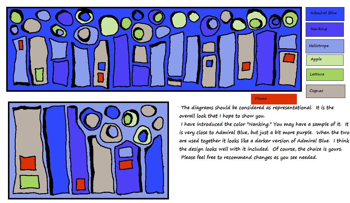 Custom designed companion rugs for a kitchen. Diagram for approval.