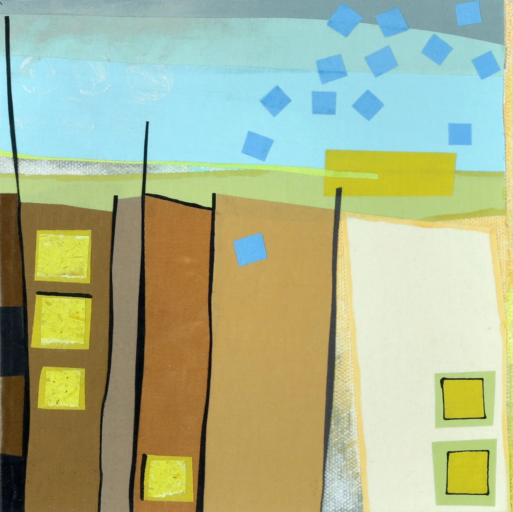 SPRING, 10” x 10”, $300. Fabric collage, paint. SOLD. Similar recreation available.