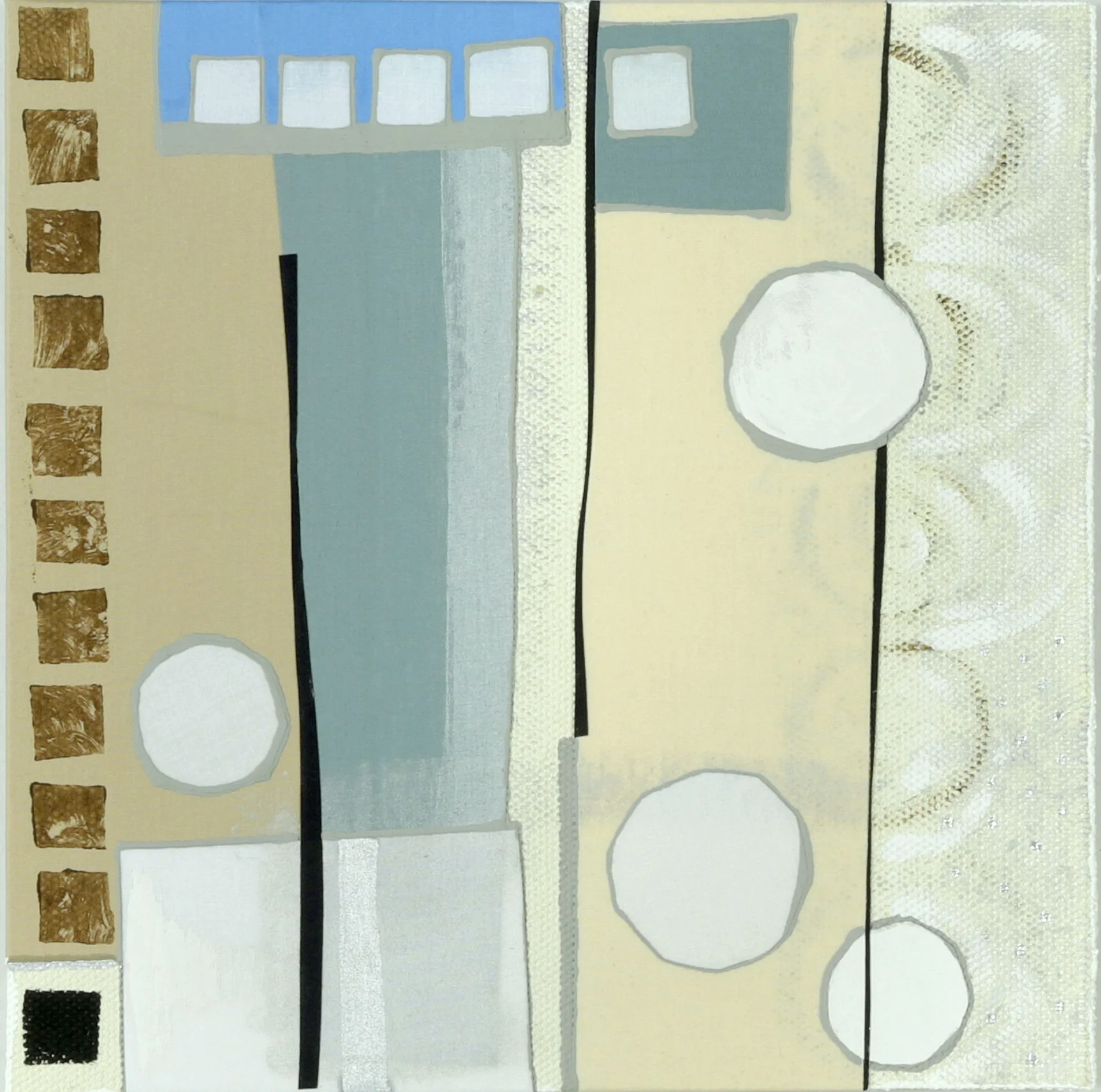 WINTER, 10” X 10”, $300. Fabric collage and paint. SOLD Similar recreation available.