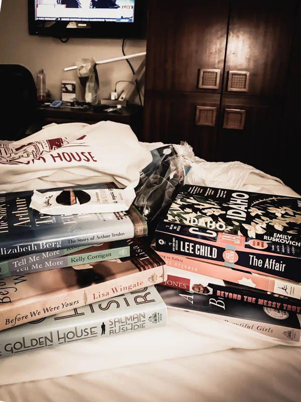 Back in the hotel room, we lined up all the free books we got. We also got a wine glass, wine opener, and peanut butter cups. Scored big here. There is nothing more comforting than a huge pile of books waiting to be cracked open and enjoy. Oh, yes, we will be going again.