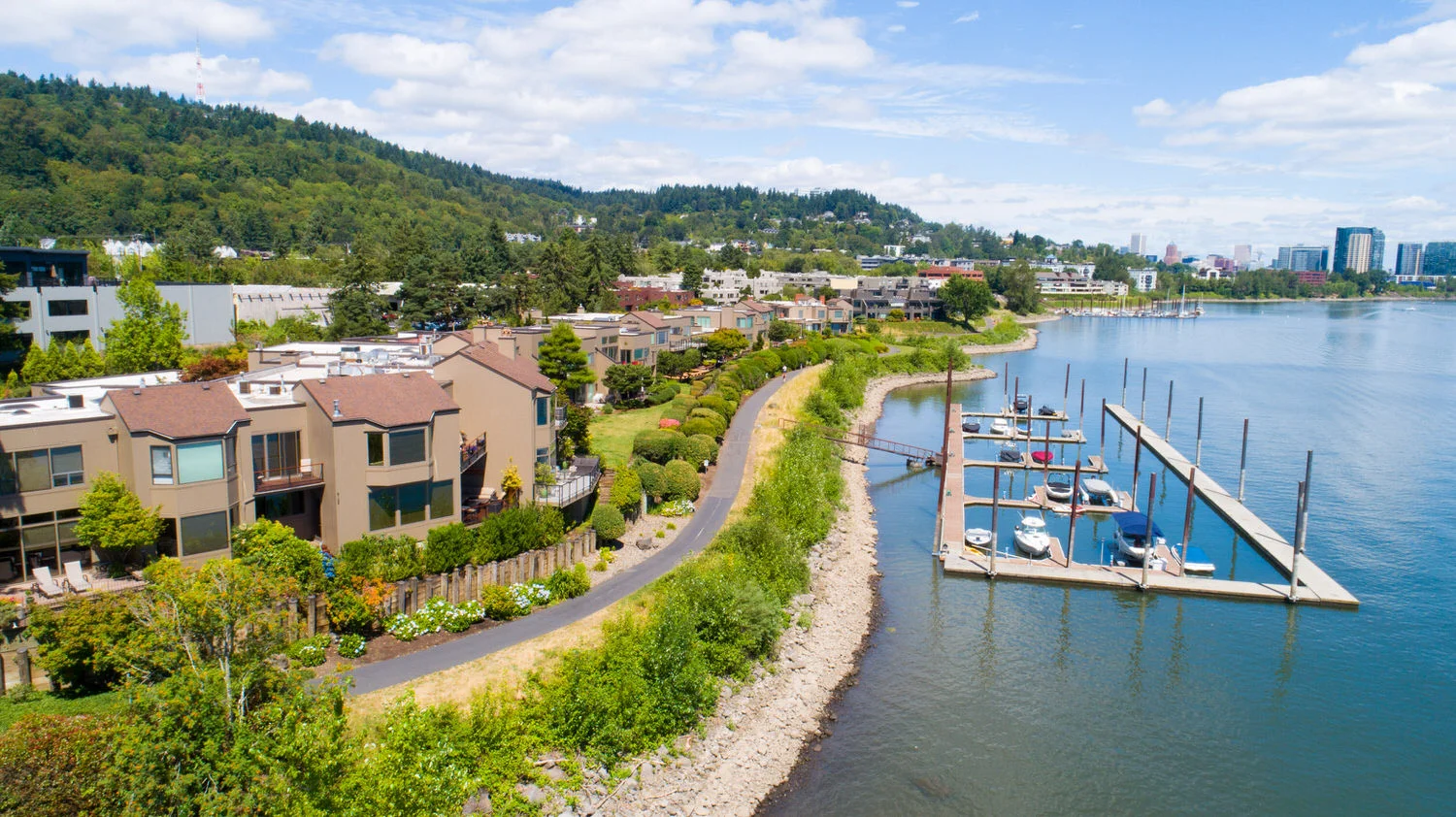 Riverpoint condos with marina and the South Waterfront District in the background