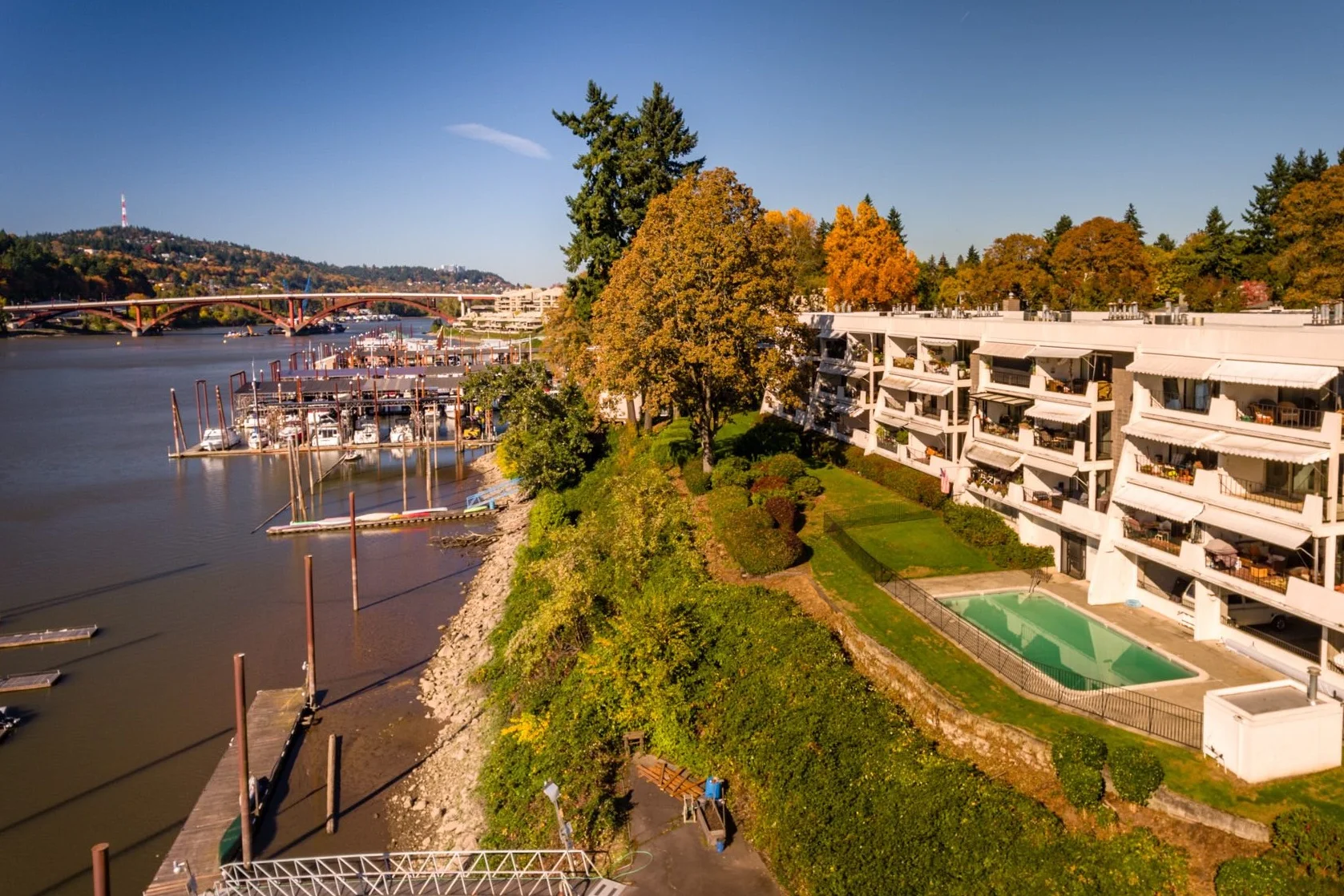 Aerial view of Quayside condos with Sellwood bridge in the background.