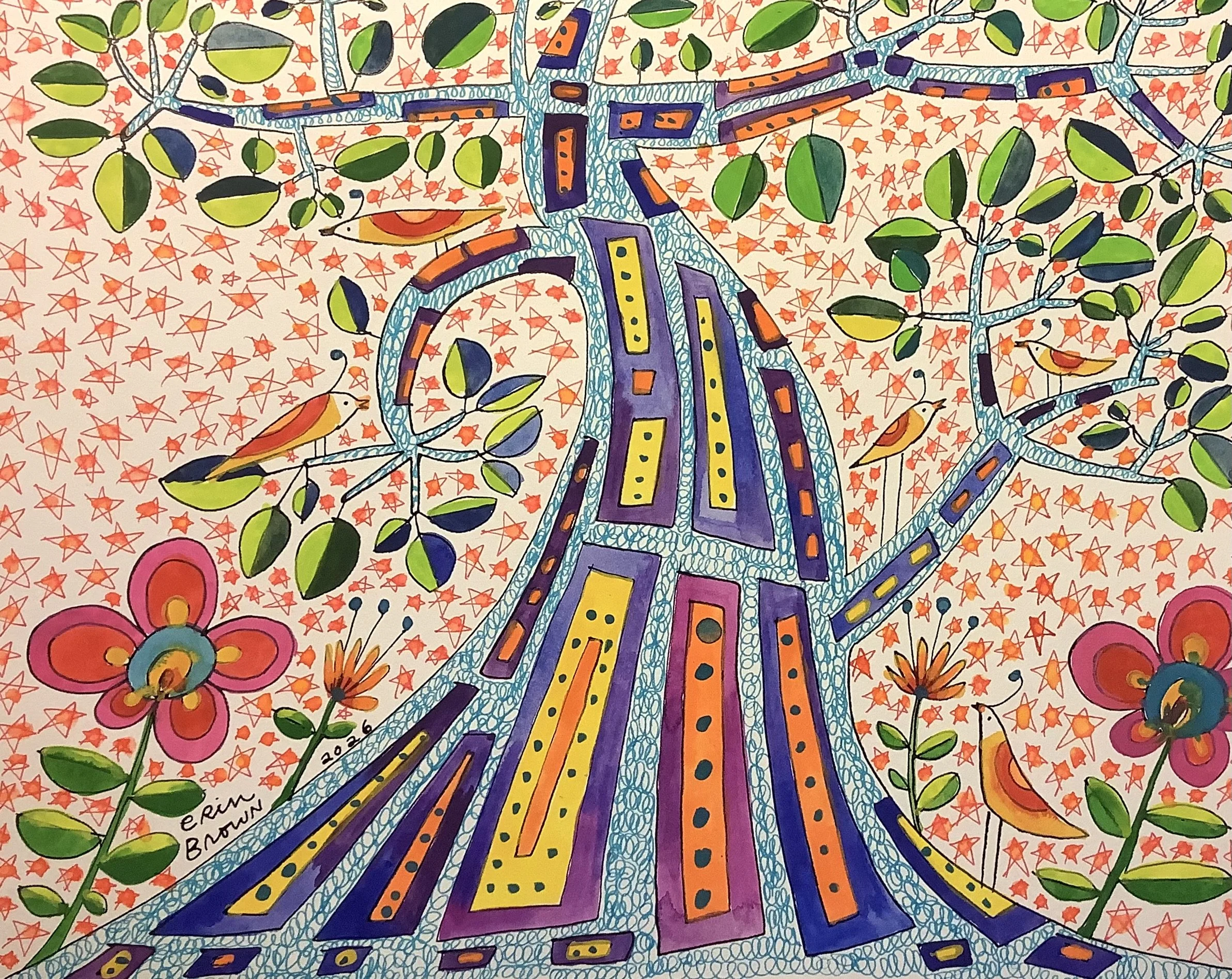 Blue Tree With Red Stars In The Sky