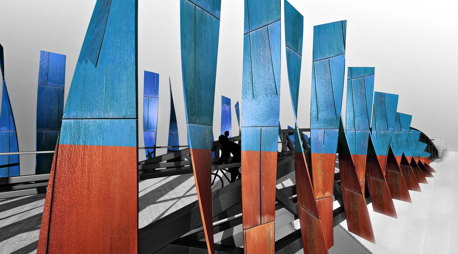 Bend 215 | Las Vegas, NV (2016 - Unbuilt) PUNCH Art Project: Bend 215 is conceptually rooted in natural twist and bent forms seen in and around Las Vegas's native environment. The sculpture was designed to be steel panels that would have wrapped the I-215 Pebble Bridge. PUNCH Art is Zak Ostrowski, Drew Gregory, and Clemente Cicoria.