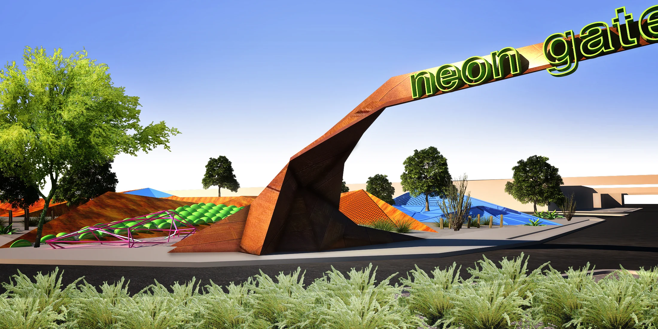   Neon Gateway | Las Vegas, NV &nbsp;(Unbuilt)  PUNCH Art Project: Design concepts for Neon Gateway. Sizes and materials range in scale and scope. PUNCH Art is Zak Ostrowski, Drew Gregory, and Clemente Cicoria. 