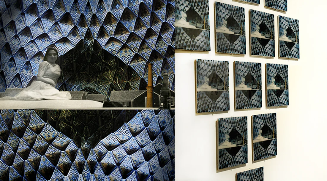 Across the Caves Mouth, 16 Ceramic Tiles,  Detail and Installation View, 2008