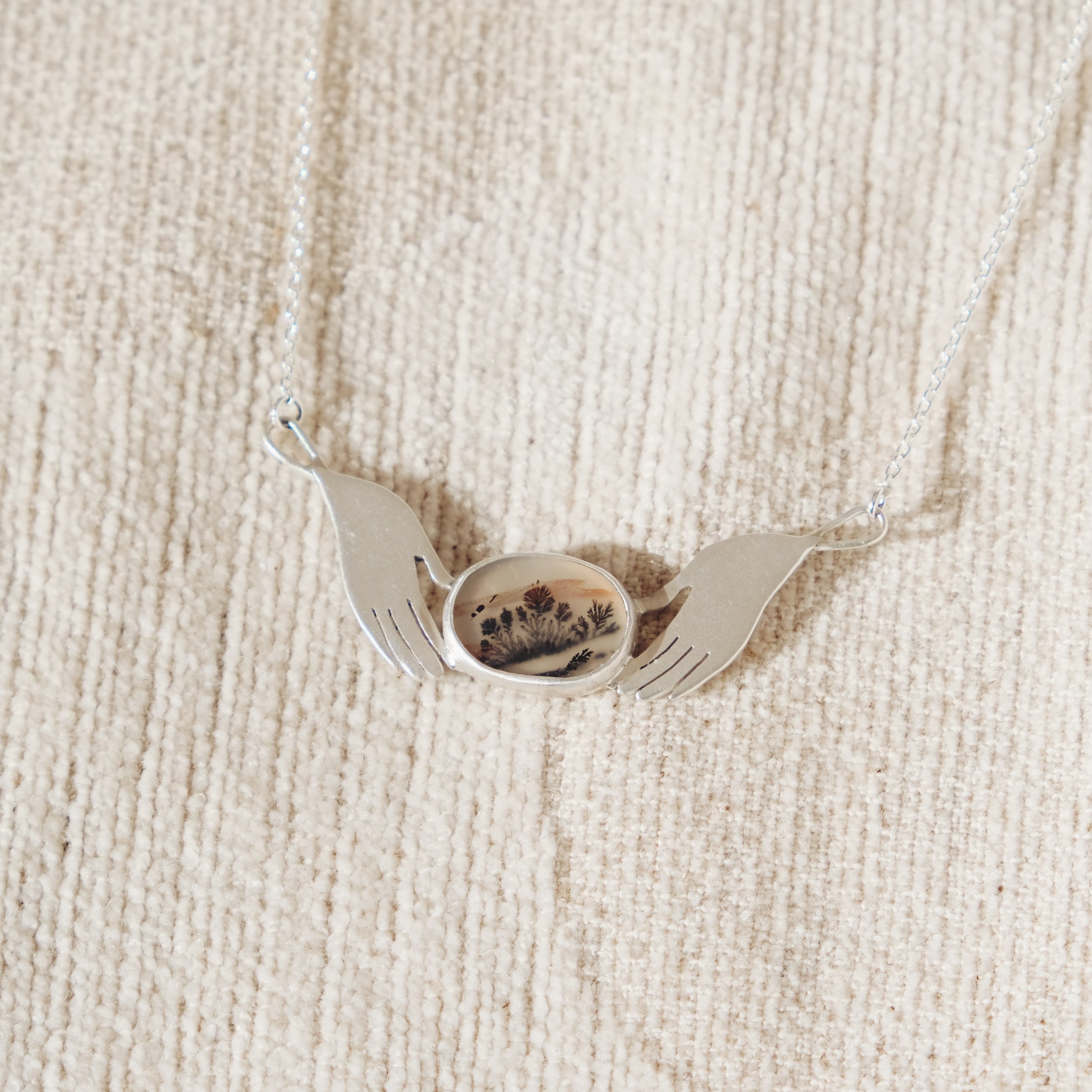 Landscape Hands Necklace, Dentritic Agate