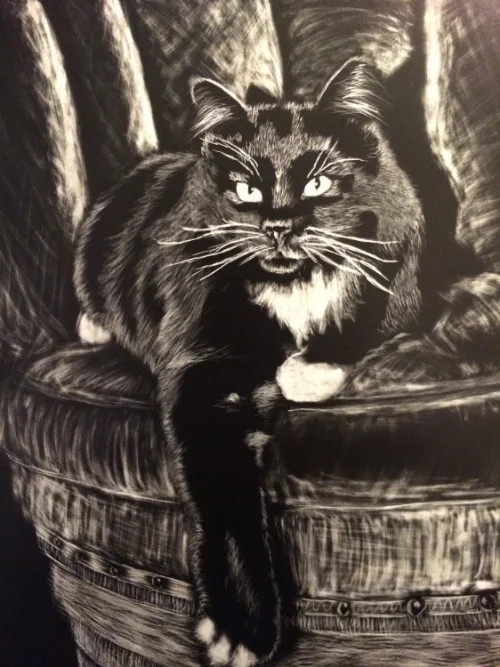 Snowfoot - Scratchboard This dapper cat was the perfect subject for a scratchboard. For being only my second scratchboard, I'm pretty pleased with the result. The sponsor for this painting is a generous and dear friend of mine who I cherish greatly, Thank you for your support!