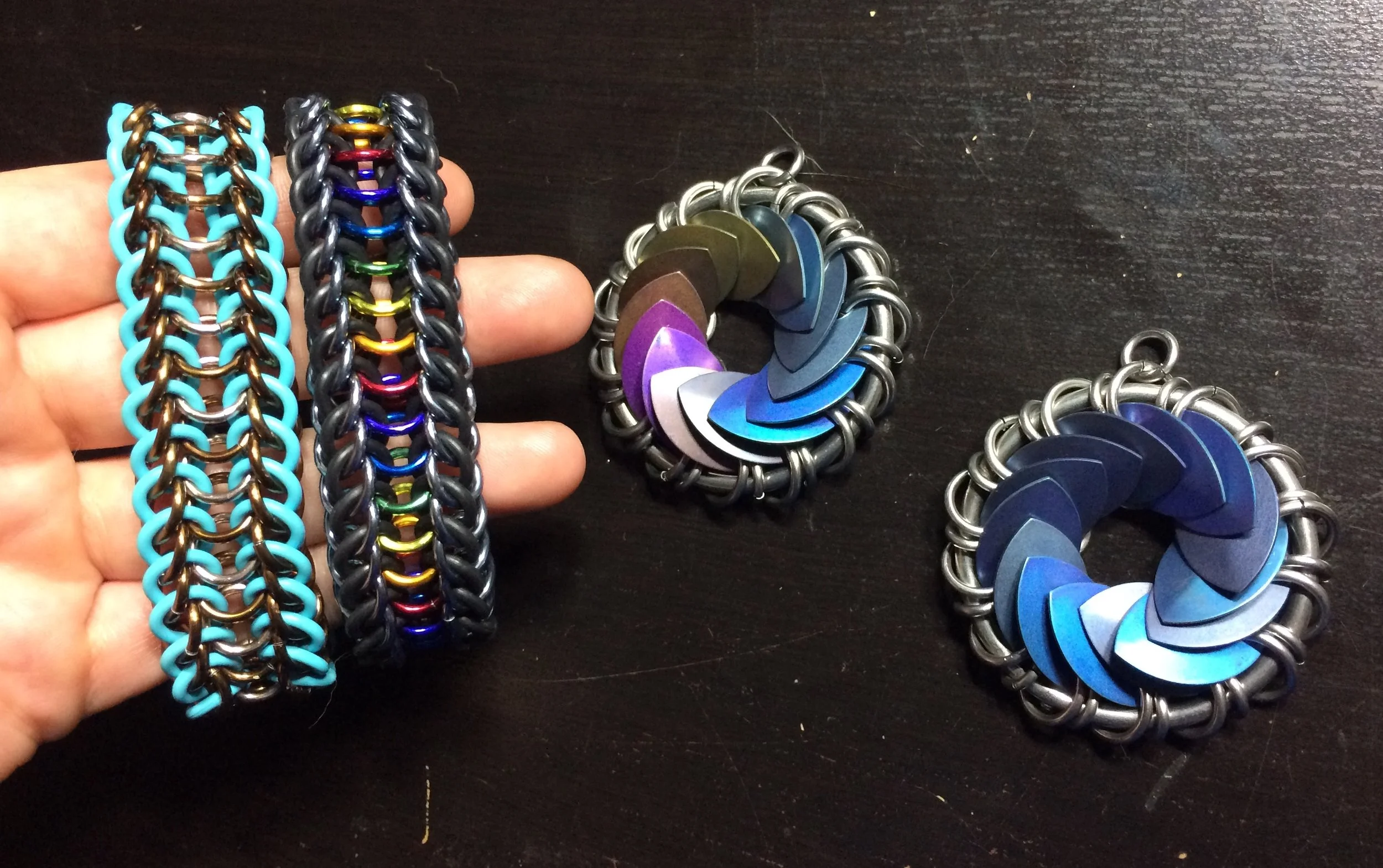Stretchy Alligator Bracelets (left) - Turbine Pendants (right)