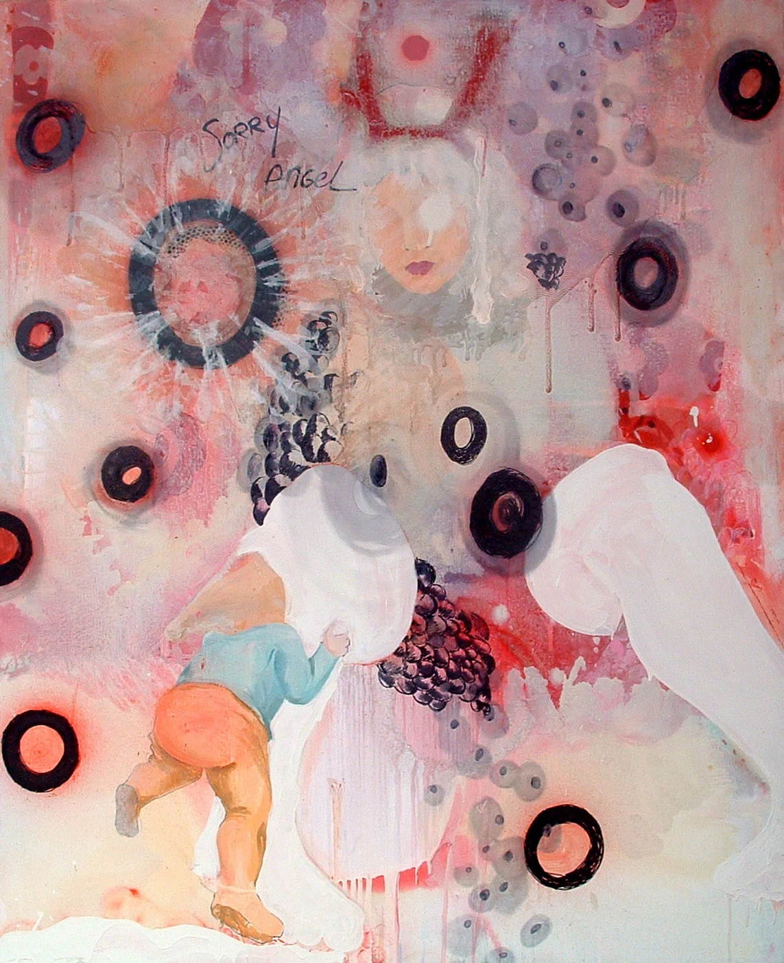 Abstract street art featuring a central figure of a child kissing a large egg, surrounded by black circles, a female face with bunny ears, and a small note that says 'Sorry Angel'. The artwork has pink, red, and cream tones with dripping paint effect