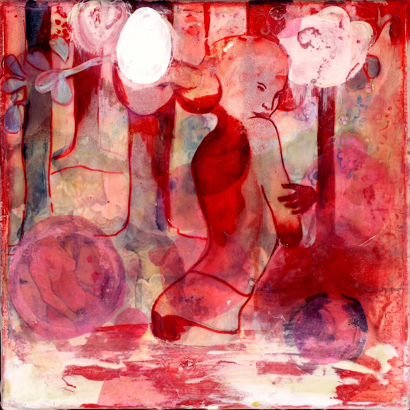 Abstract painting of a woman with long hair sitting with her back arched, surrounded by various circular shapes and soft colors of red, pink, and purple.