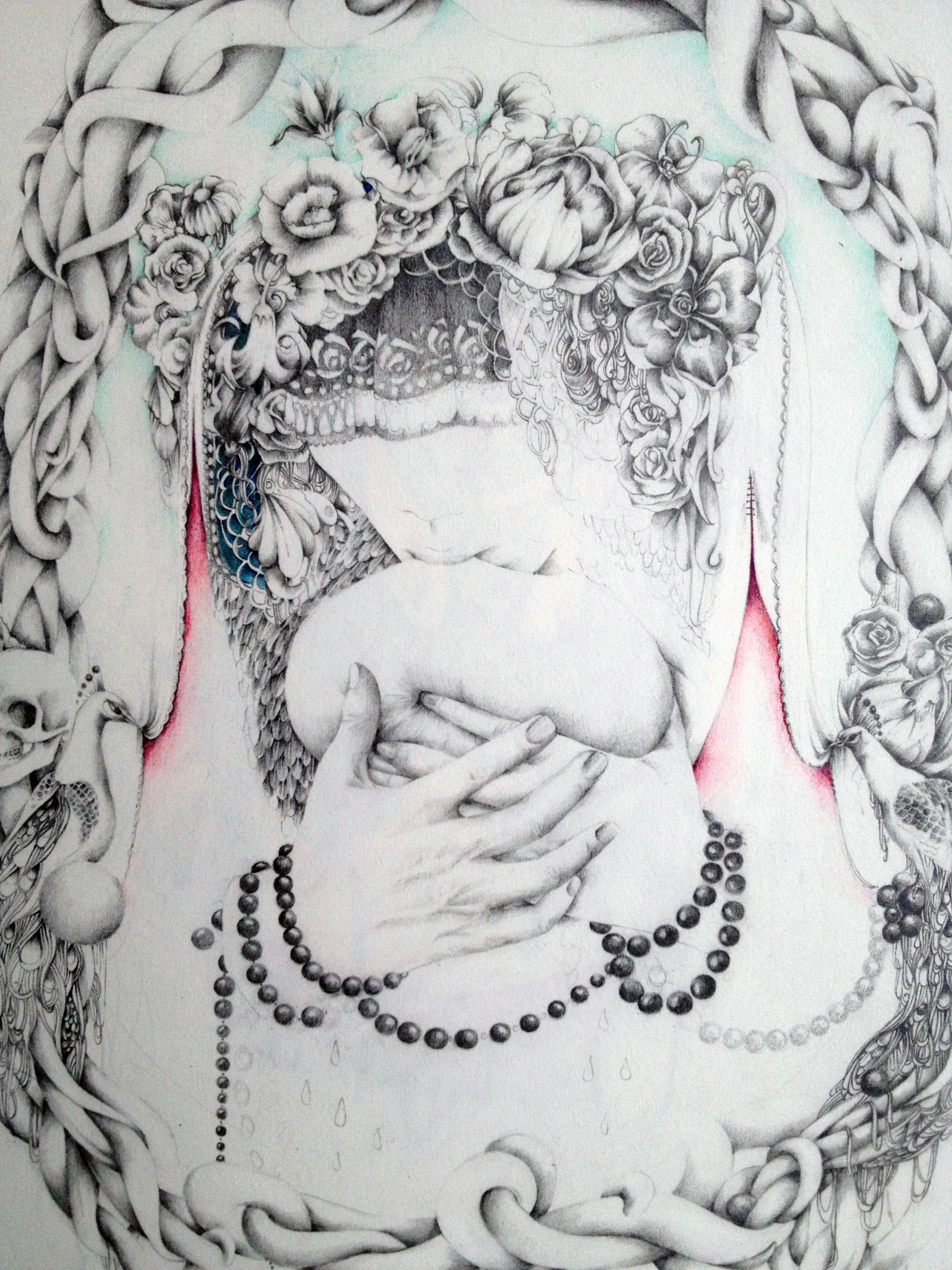 Detailed black and white drawing of a woman's face and chest, adorned with floral headpiece, jewelry, and intricate patterns, with partially colored elements.