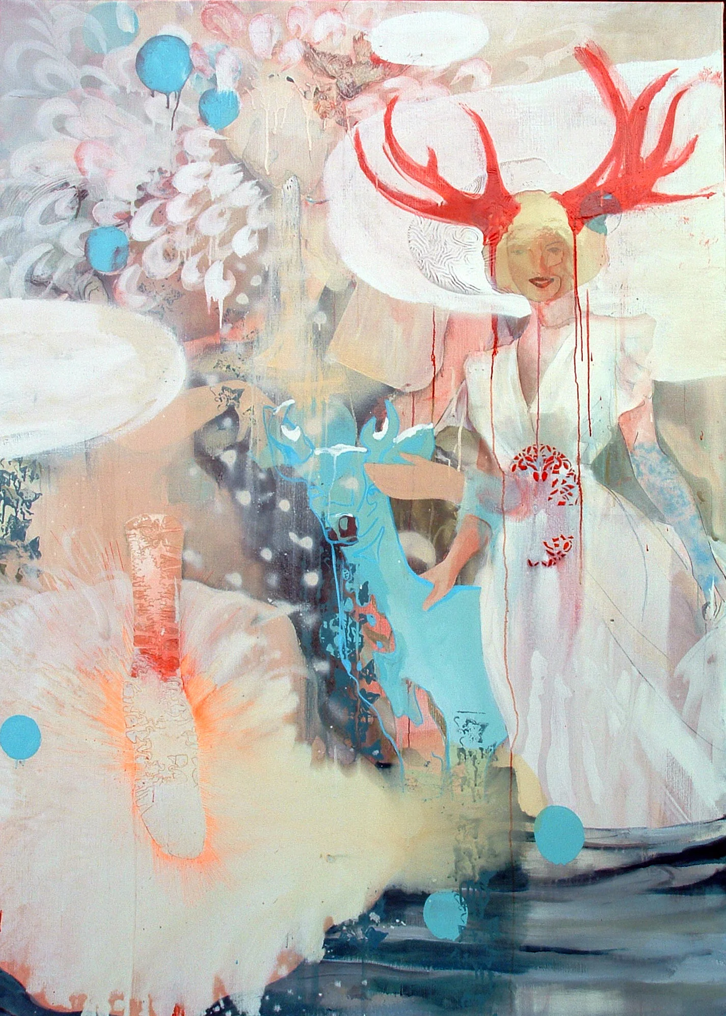 Abstract painting with a woman wearing large antlers, a blue deer figure, pastel color palette, and various shapes and splashes of color.