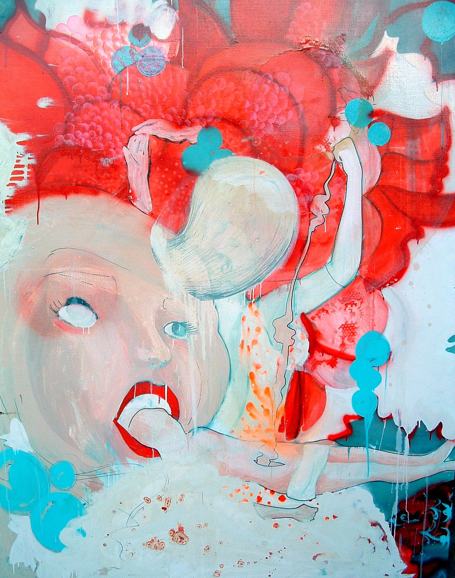 An abstract painting featuring a large, stylized face with red lips and blue eyes. The background and surrounding elements include various shades of red, pink, and blue, with dripping paint and abstract shapes.
