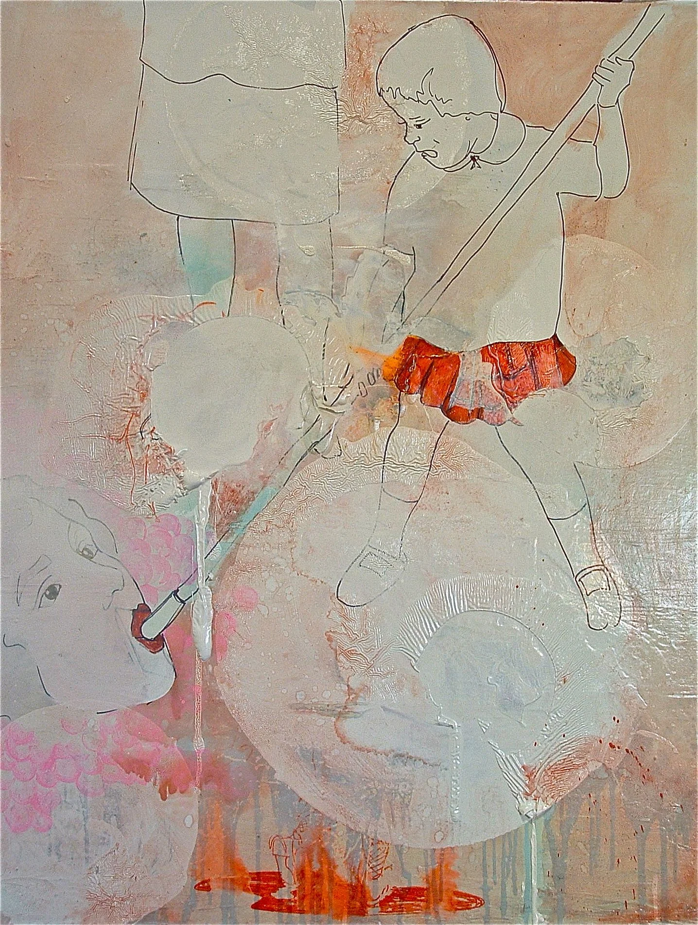 A mixed media artwork depicting a young boy holding a long stick, with parts of a woman with red lipstick and pink flowers, all rendered with a combination of line drawings, textures, and watercolor-like splashes in soft pastel colors.