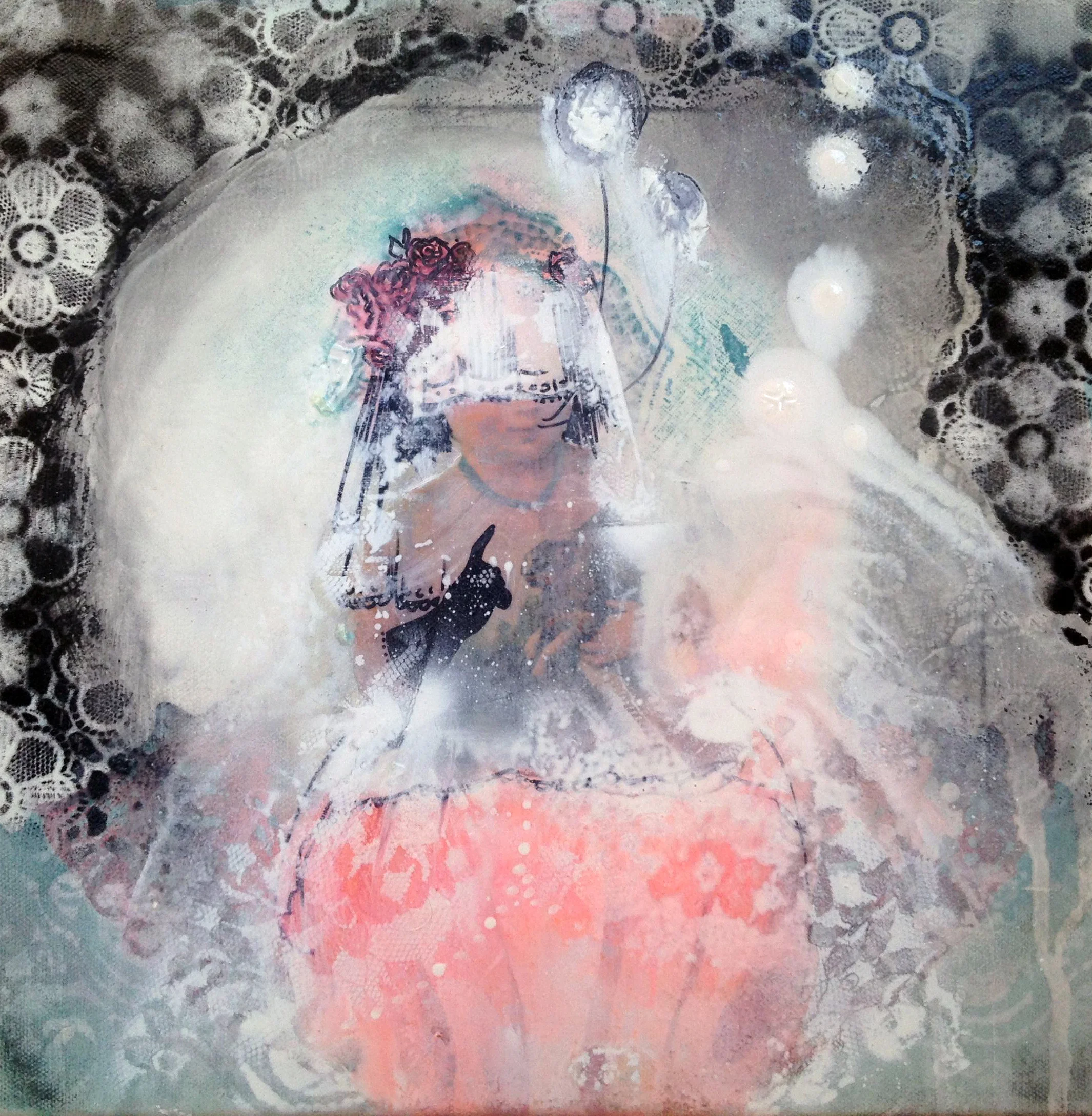 A mixed media artwork featuring a central figure of a woman with flowers in her hair, overlaid with abstract textures, bubbles, and lace patterns, blending realistic and abstract elements.