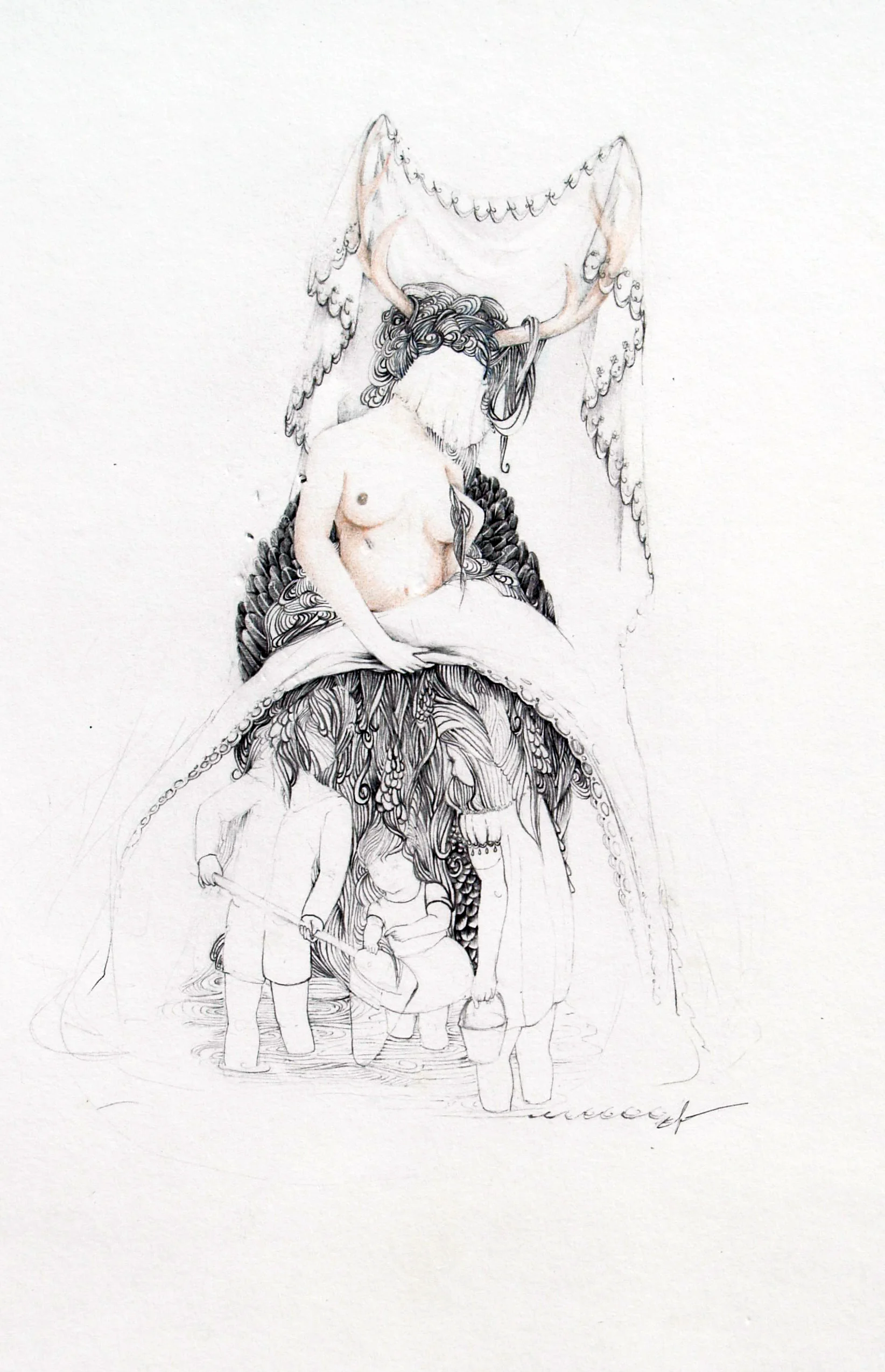 A detailed sketch of a woman with long hair, partially nude, sitting on a large creature with an intricate, textured body. Two children are at the creature's feet, playing or interacting with water, with another figure near them.