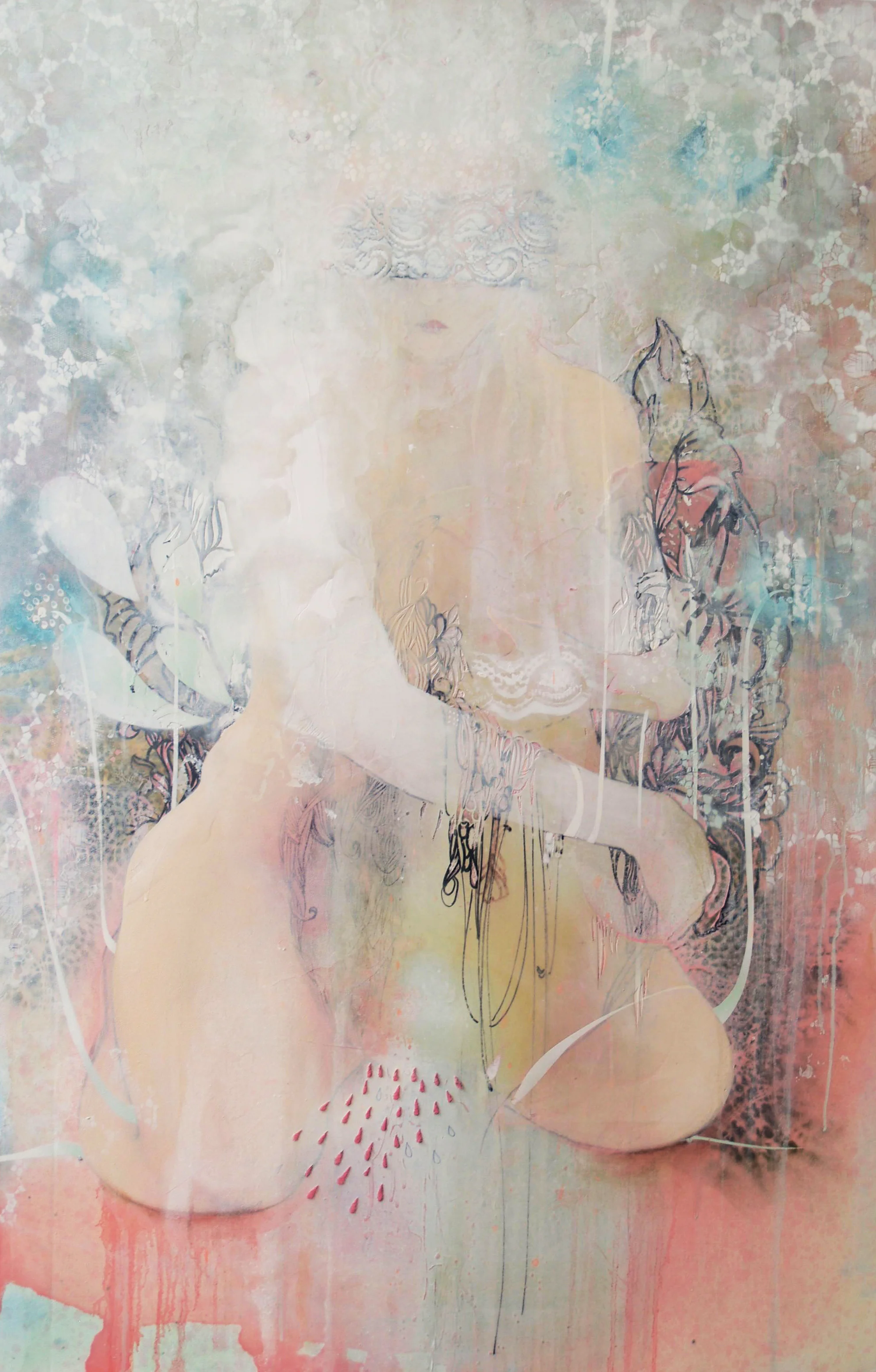 An abstract watercolor painting of a seated woman with her knees up, wearing sunglasses and a hat, surrounded by flowing lines and splashes of pastel colors.