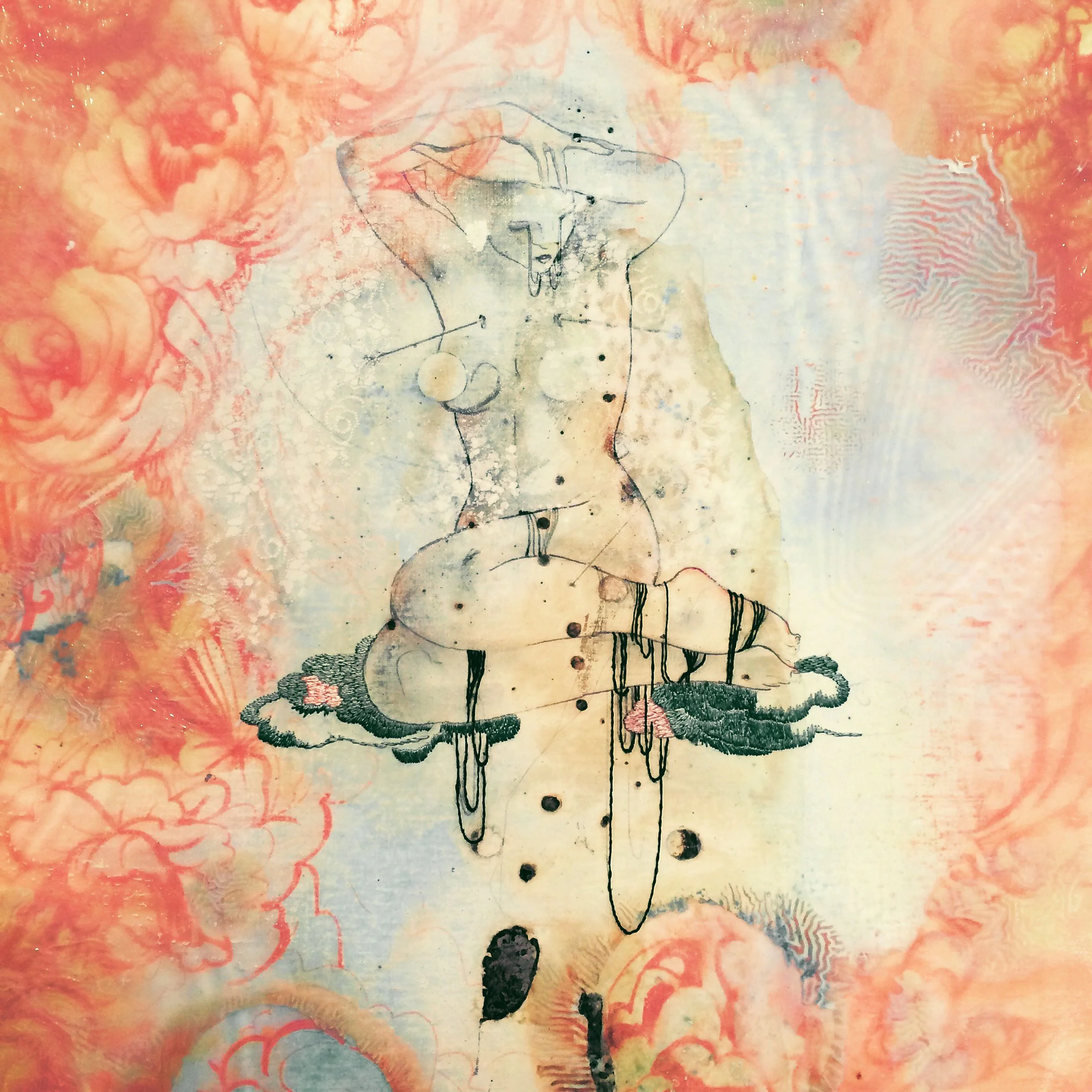 An abstract art piece of a female figure with surreal elements, including clouds and dripping ink, set against a vibrant background of orange, pink, and yellow floral patterns.