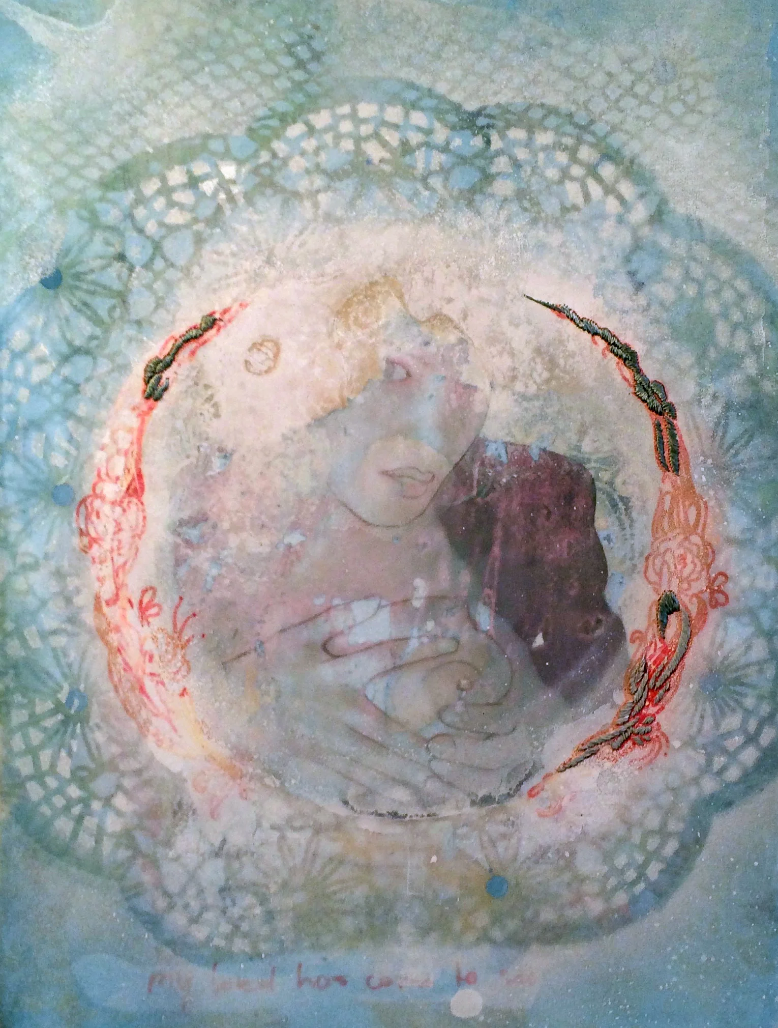 'no title' Oilpaint, varnish, screensilk embroidery on canvas 40x30 cm (Copy)