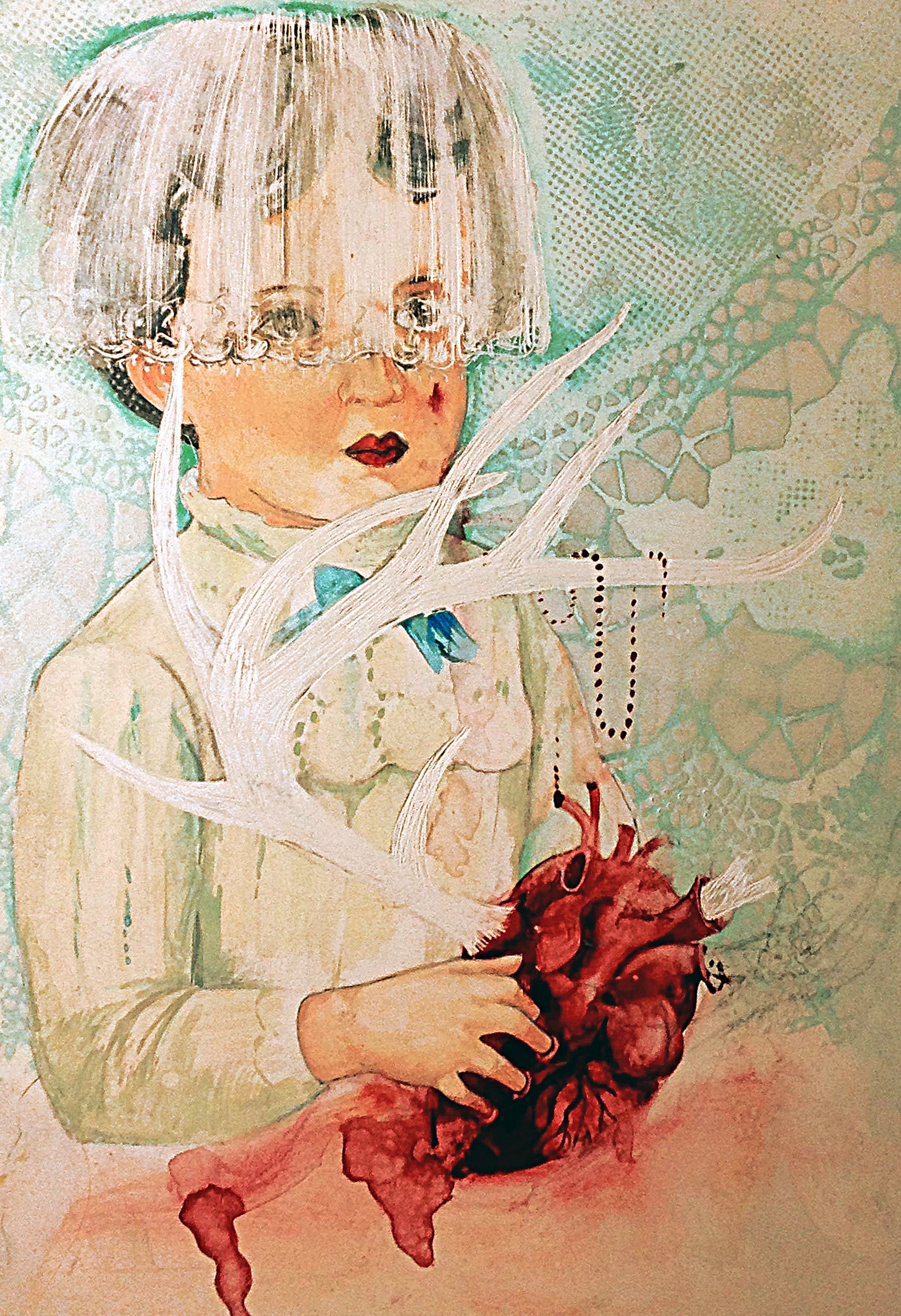 A surreal artwork of a young person with short hair, holding a human heart connected to antlers on their chest. The background features intricate, lace-like patterns.
