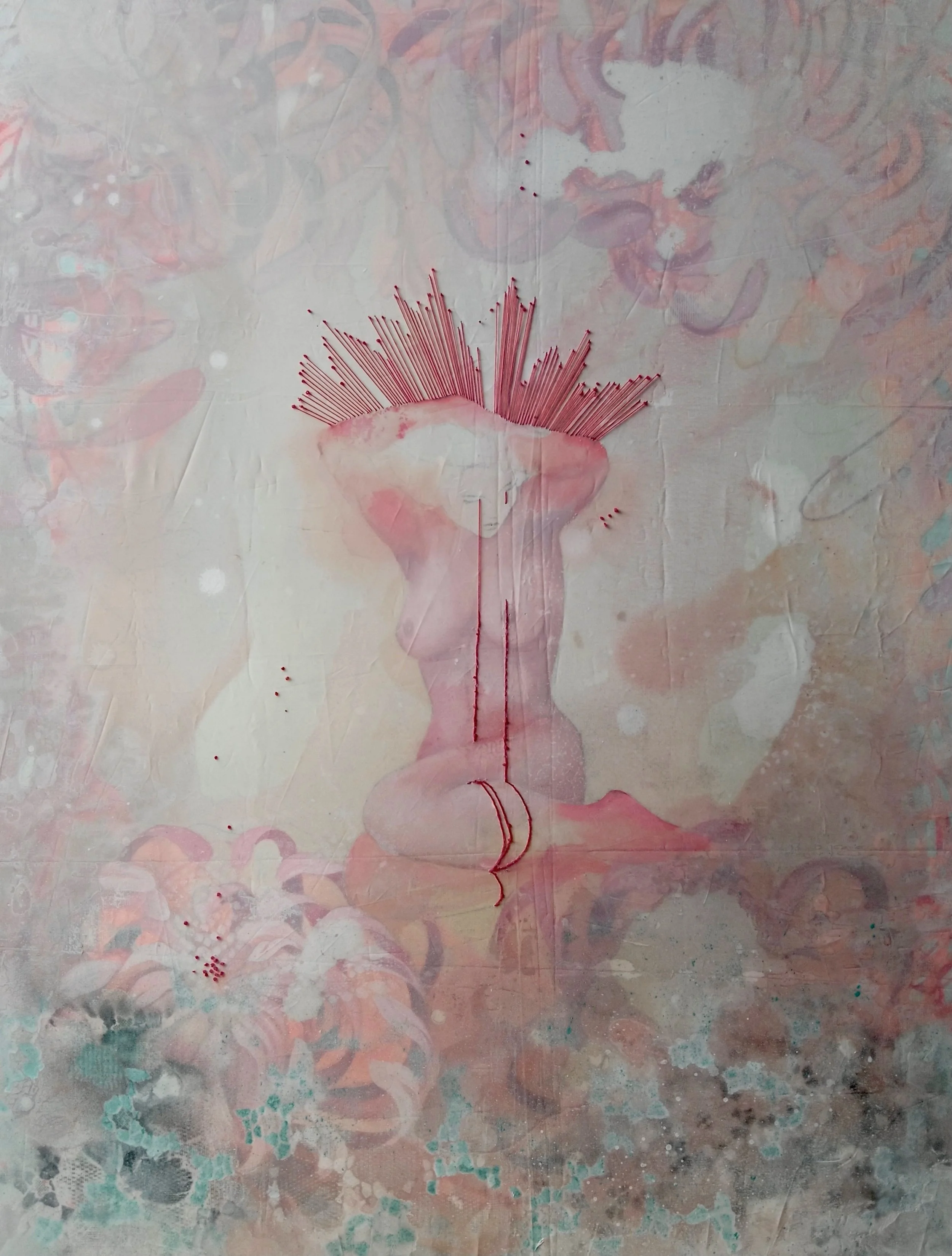 An abstract watercolor artwork featuring a paper cutout of a woman sitting cross-legged with her back facing the viewer, hair stylized as red spikes, and a light, textured background with floral and organic patterns.
