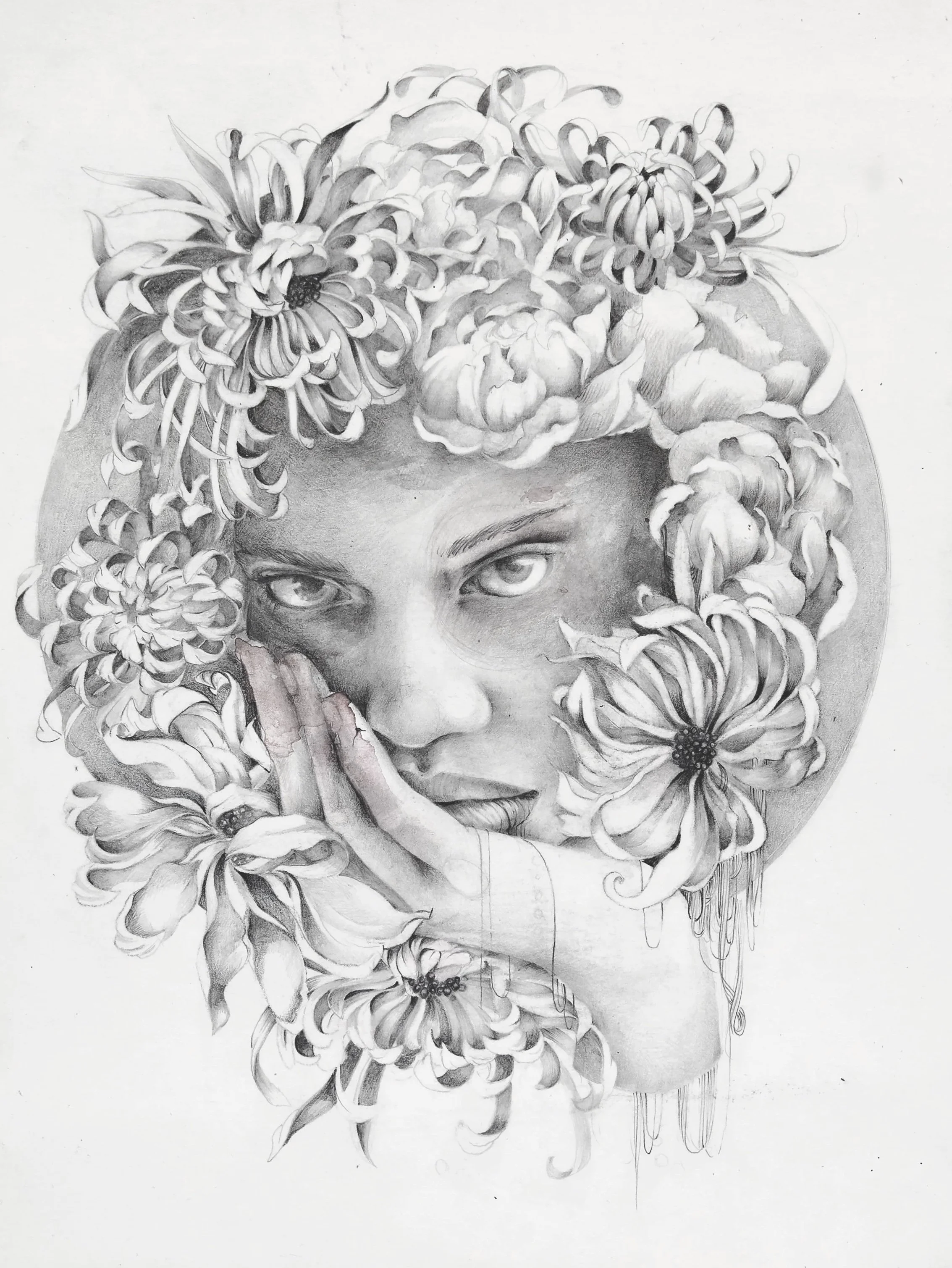 A detailed pencil drawing of a woman's face with her hand resting on her cheek, surrounded by large, intricate flowers.