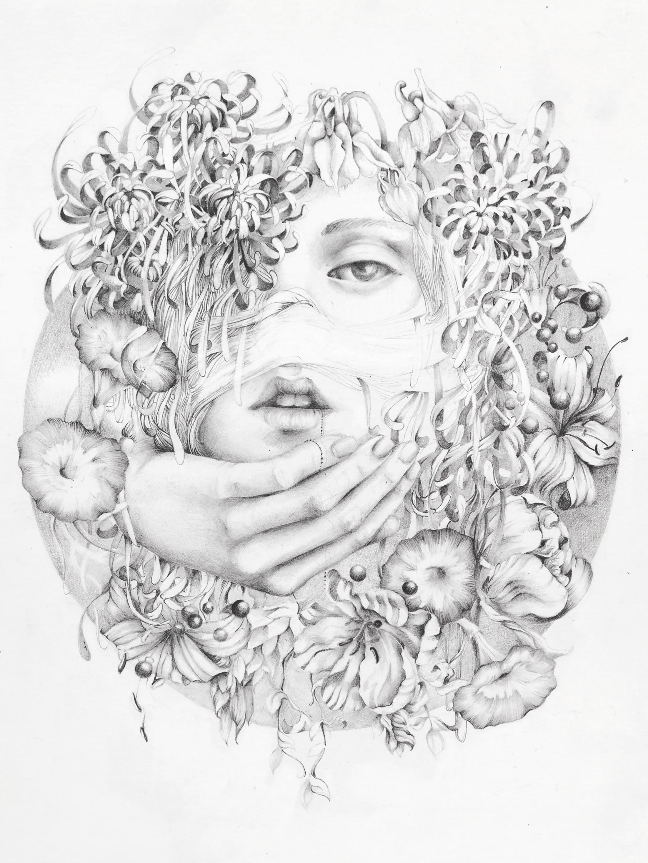 Pencil drawing of a woman's face partially covered by flowers and leaves, with one eye showing, and her hand gently touching her lips.