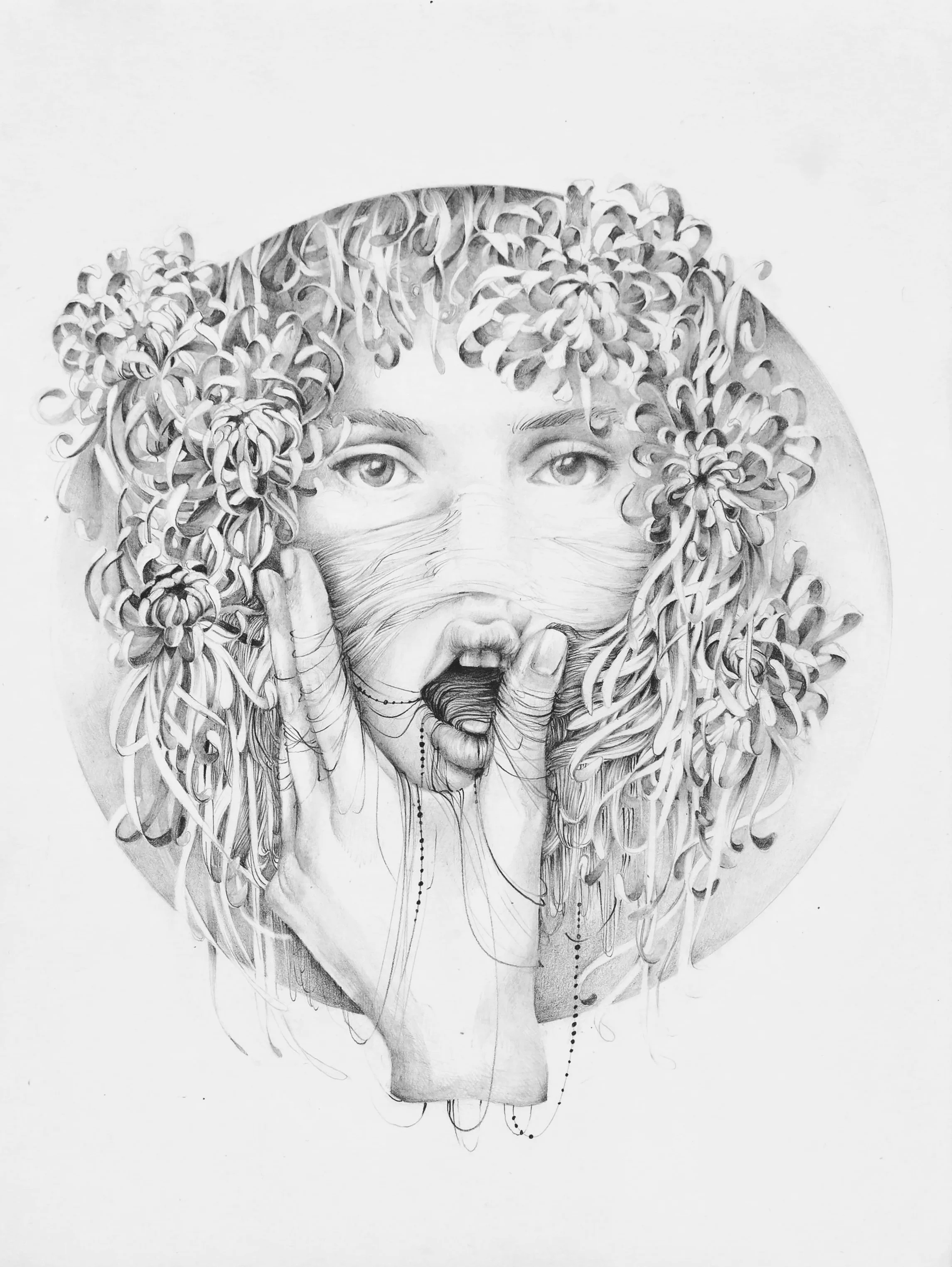 A detailed pencil drawing of a face with long, curly hair, partially covered by hands making a gesture with firm fingers, and with an expression that appears to be surprised or shocked, surrounded by a circular background.