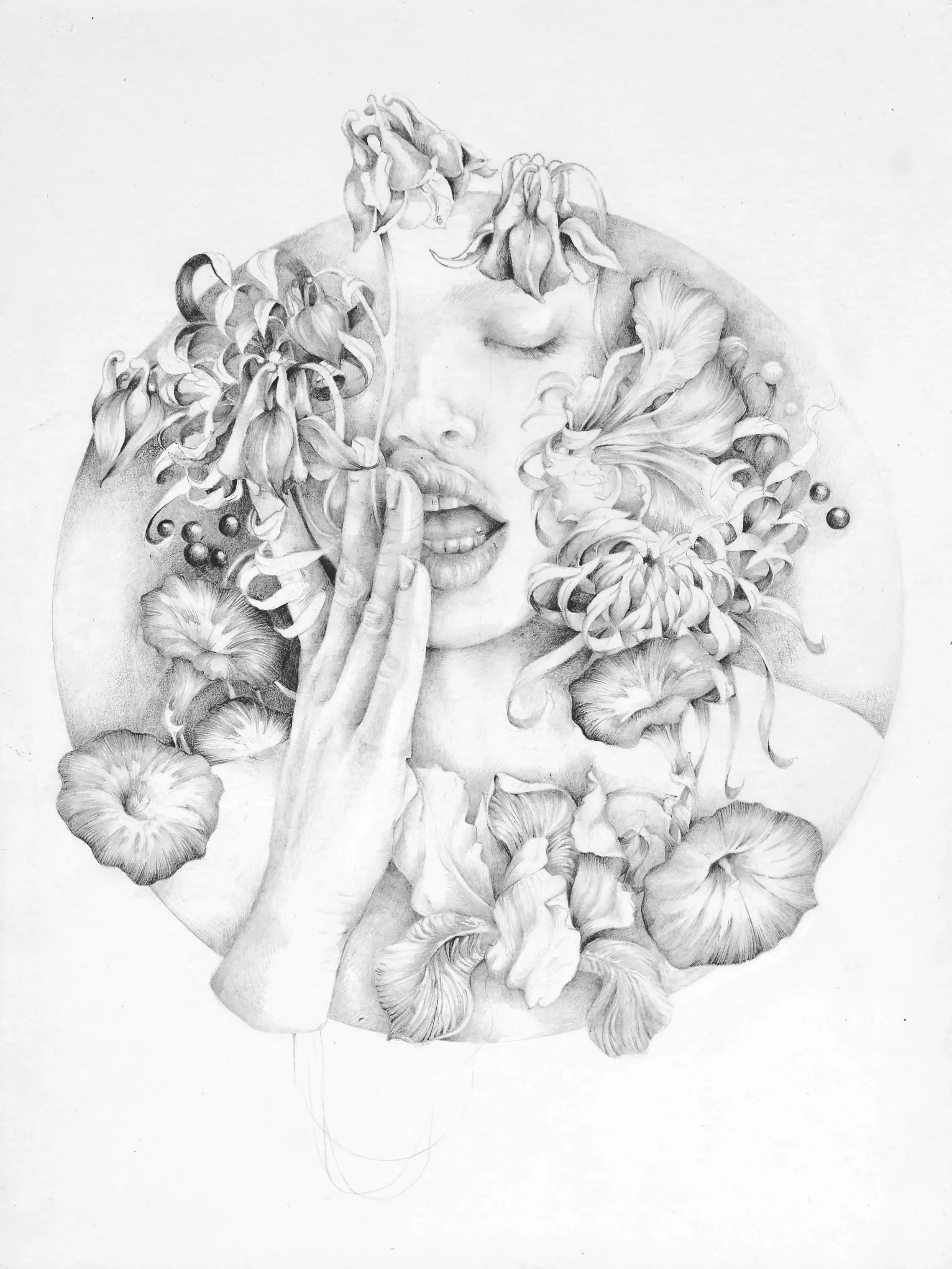 Pencil sketch of a woman with closed eyes and lips touching her fingers, surrounded by detailed flowers and leaves.