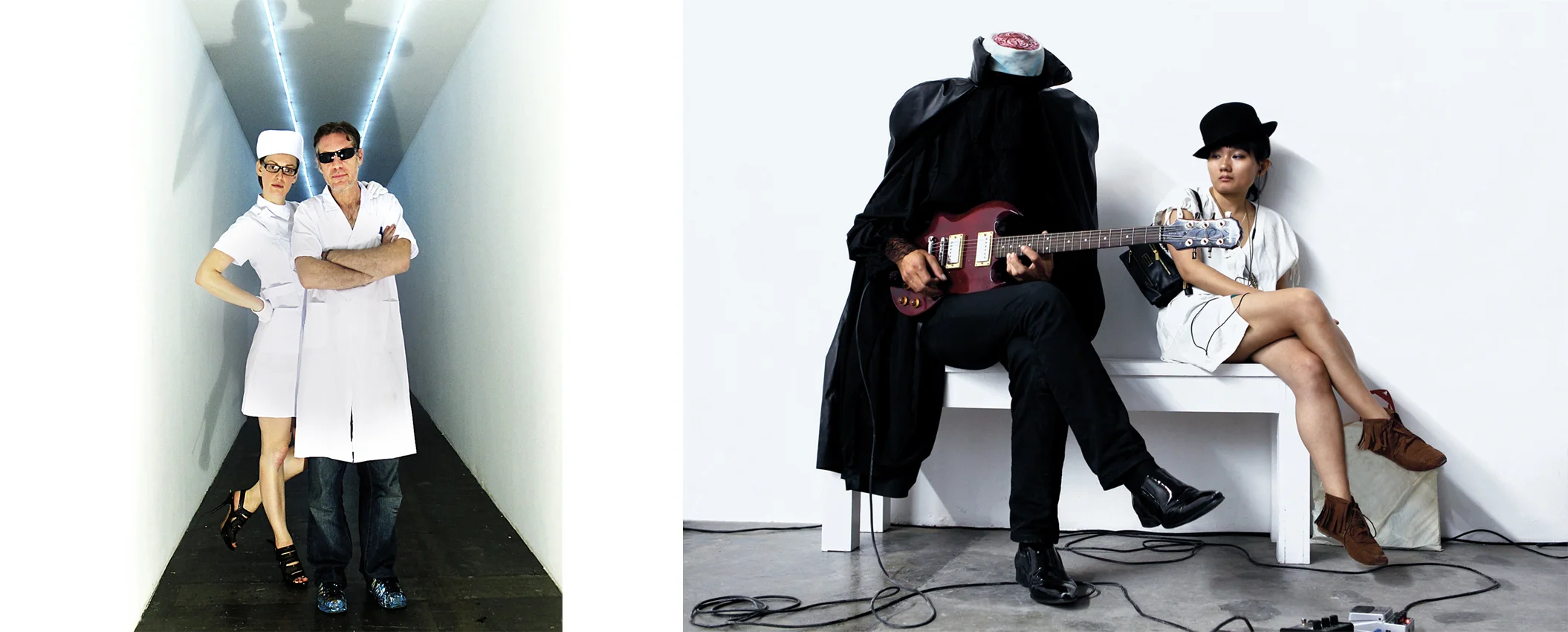 Junker with Chris Gill in his installation " the corridor at the end of time" at stage 候台 BACK M50, June 2011 / Laurent Friquet during his performance 《"Make Room #3. Pogonirique"》 at stageBACK M50, September 2011.