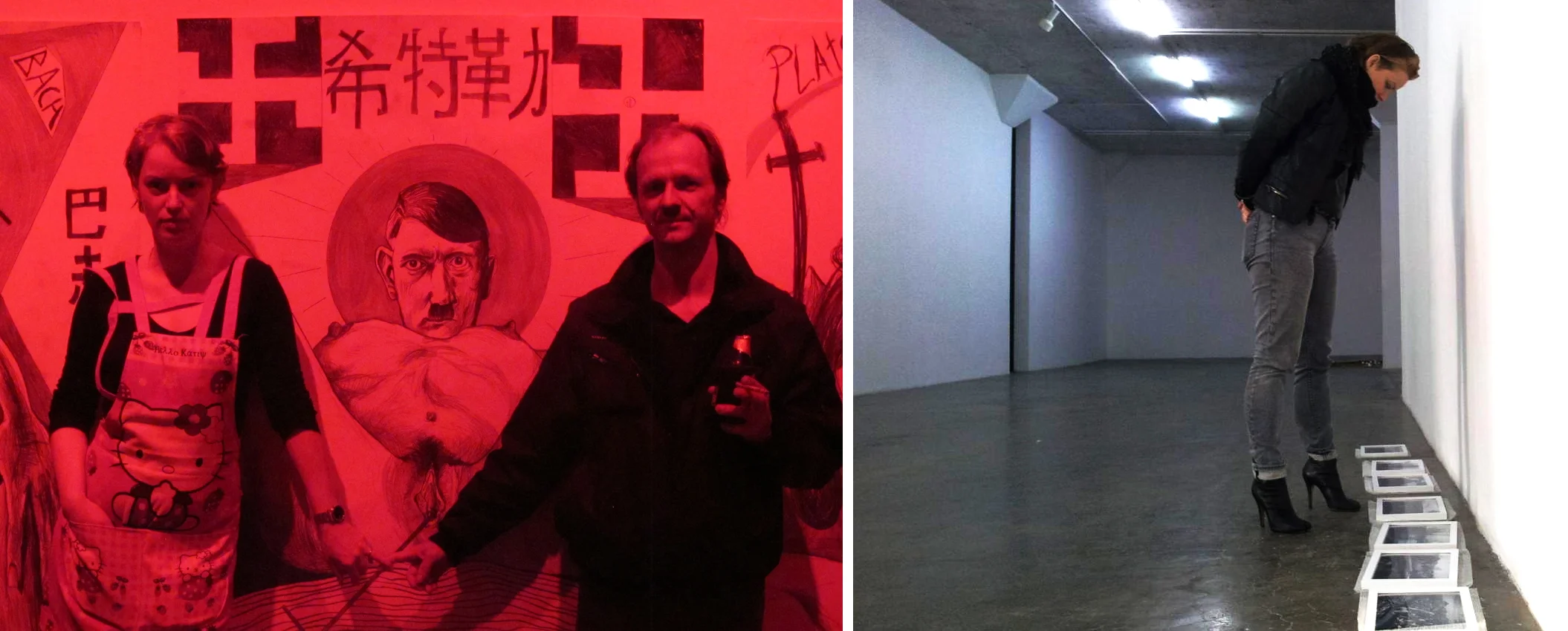 Junker with Thomas Palme during his exhibition "the 100 most influential men in history" .&nbsp;"Hello Kittler", photograph, 80 cm x 60 cm, courtesy of stage候台BACK Shanghai, 2011&nbsp;/ Junker looking at "things" at stage候台BACK M50, winter 2013.