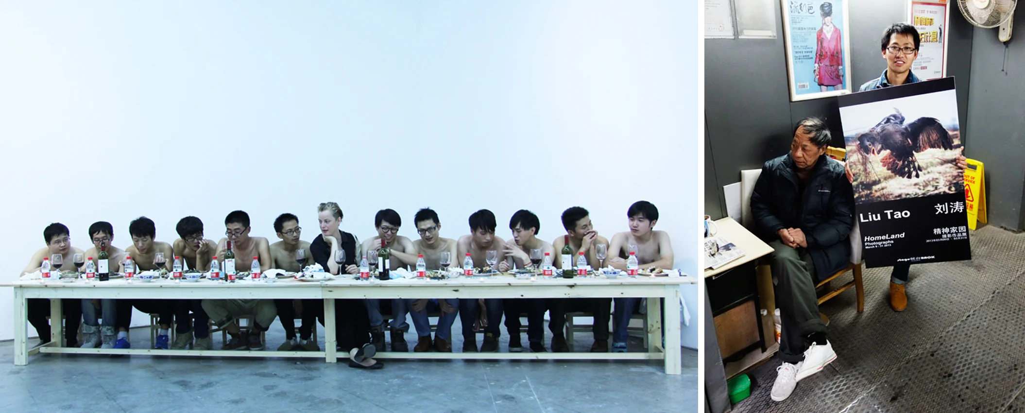 Junker participating at Enigma 115, live painting by Bili Bidjocka, October 2012 / Liu Tao presenting his exhibition poster in gallery elevator conducted by Lao Yao, March 2013.