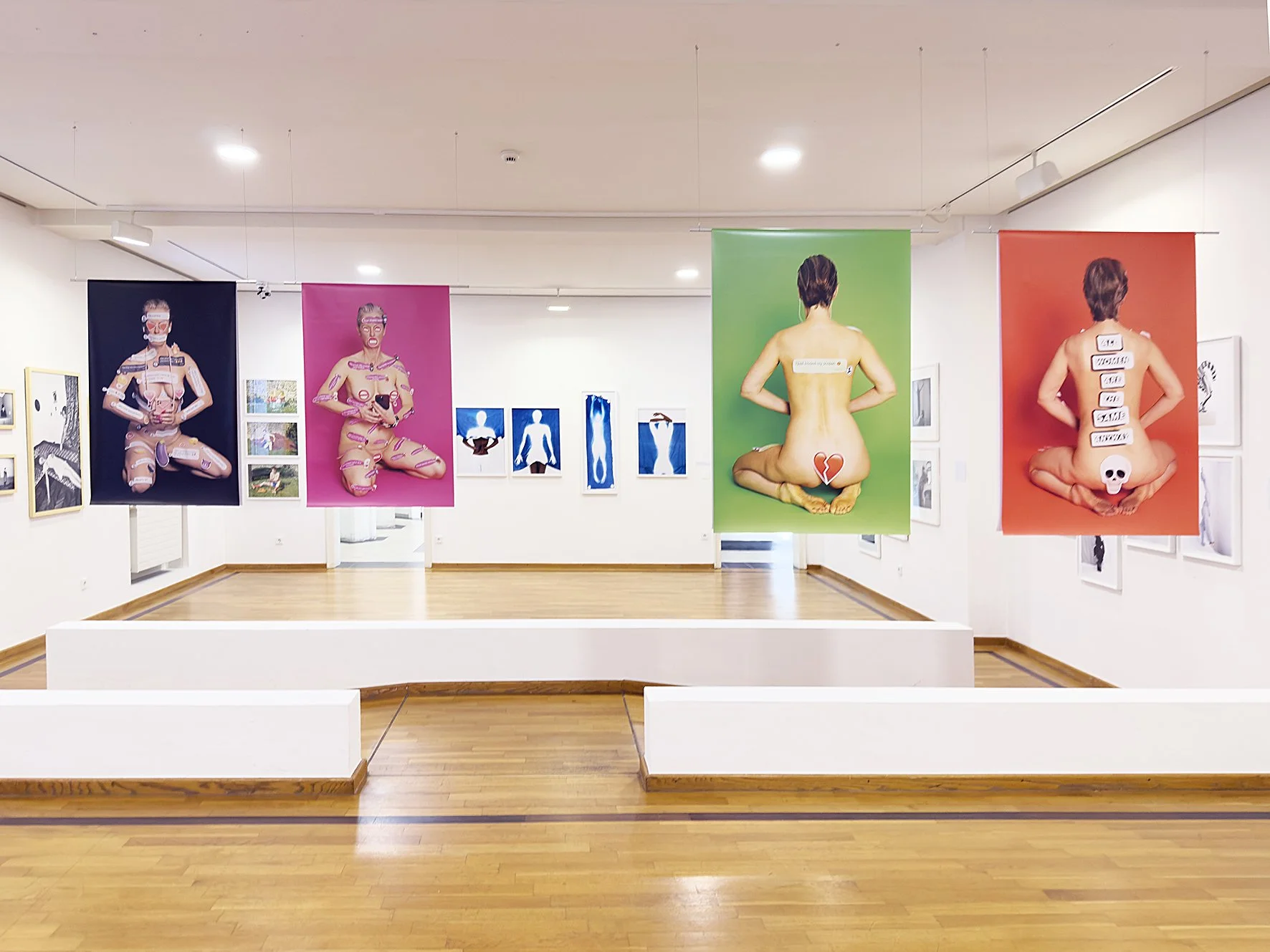 Figure for the Base of a Crucifixion #26, #28, #27, #29, (front and back views), 4 x 80 x 240 cm PVC sheets, side-specific installation, museum edition 1/1, Museum Goch, Goch, Germany.