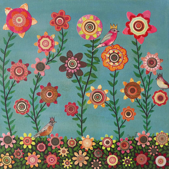 Sascalia - Birds and Flowers Mixed Media Paper Collage