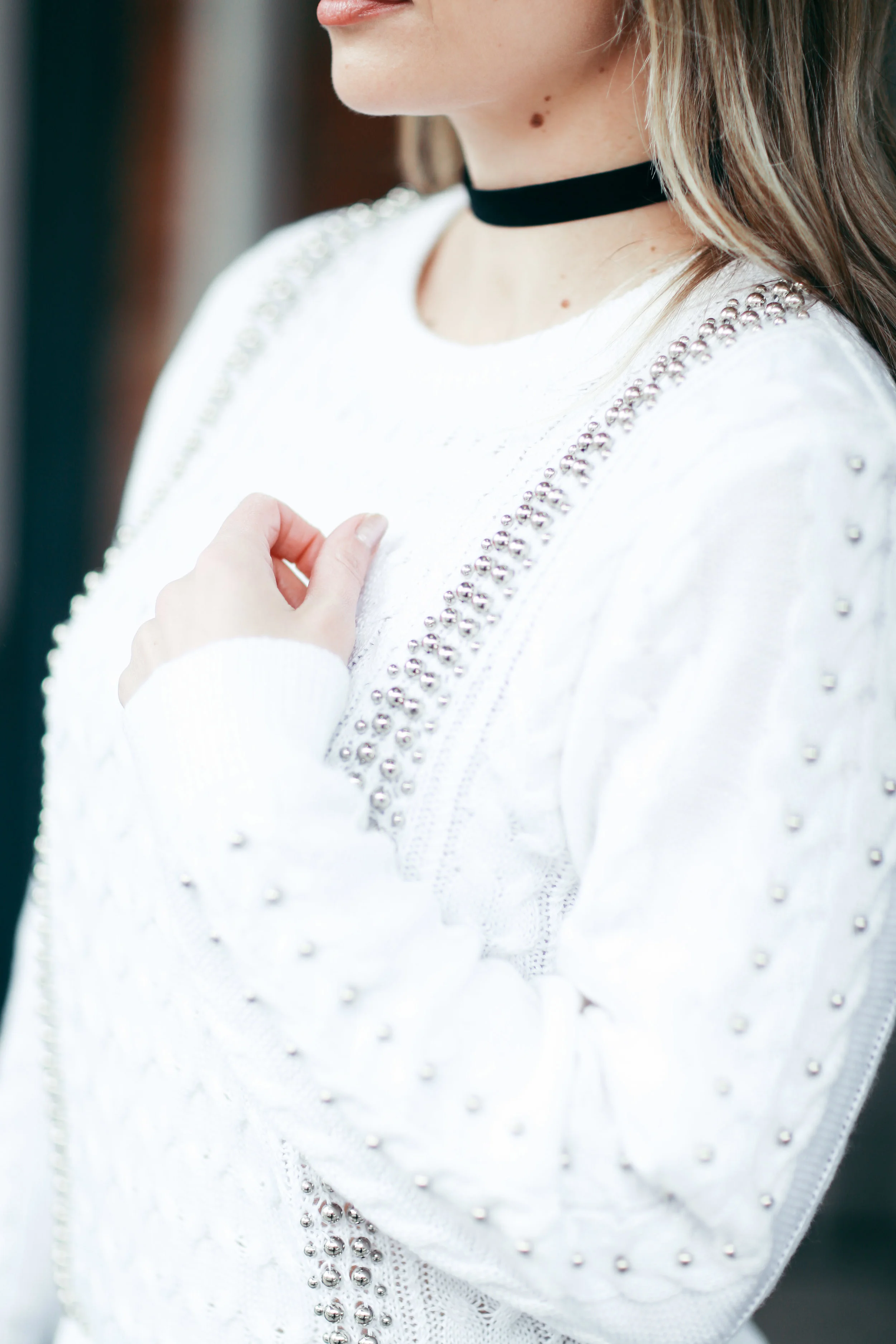 white studded knit sweater