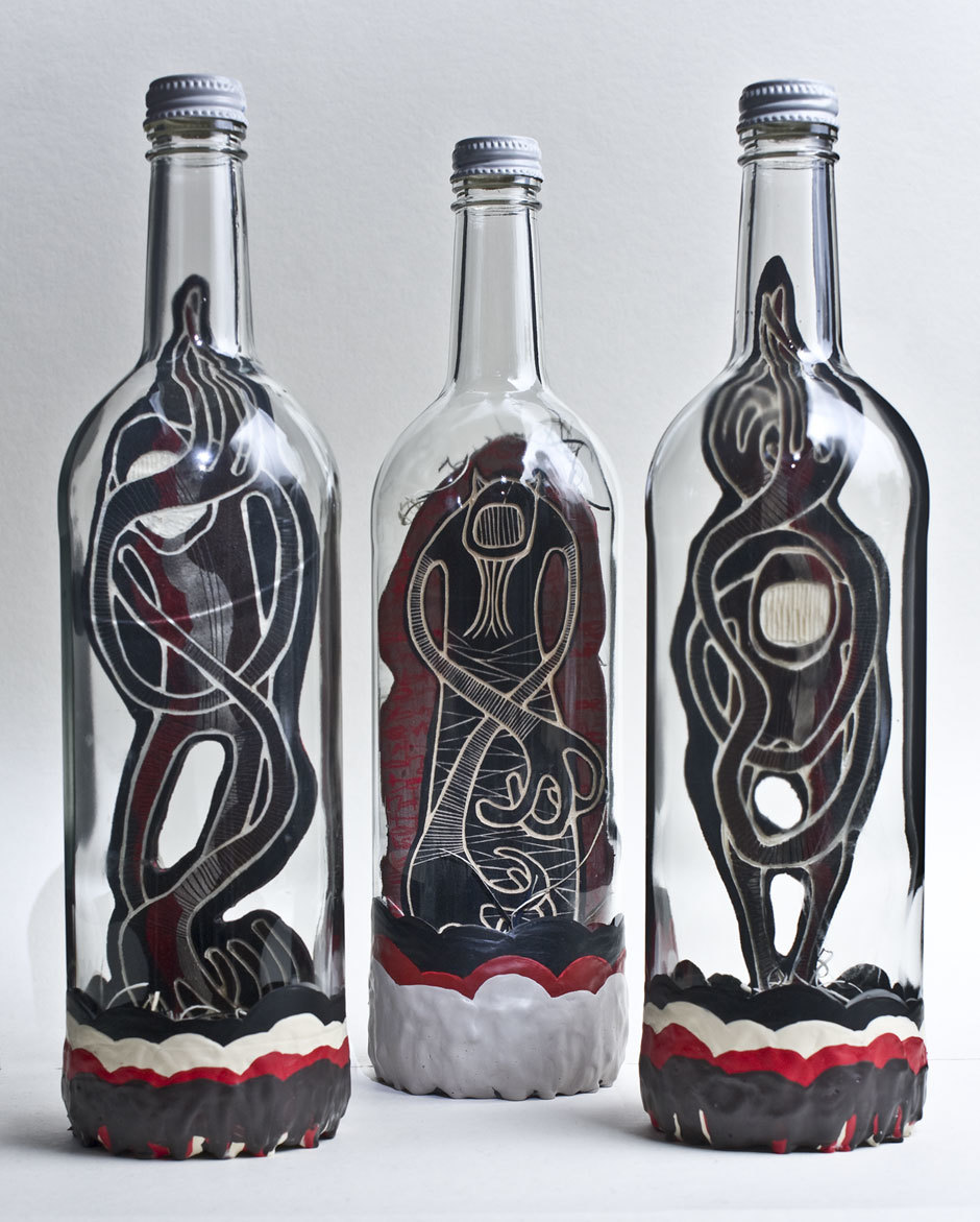  3 Bottles, 3 messages: front view. &copy; Alex Diamond 
