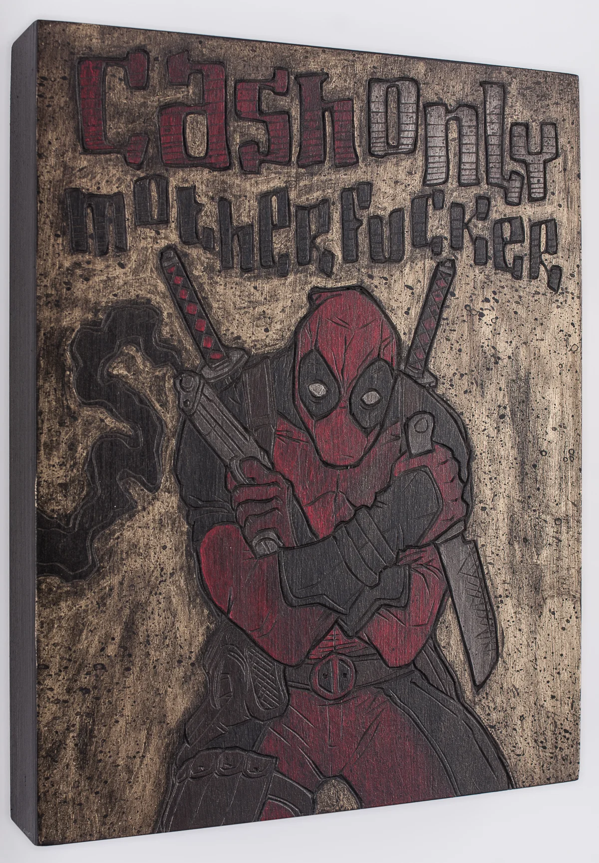 Alex Diamond: Cash Only Motherfucker (2016) acrylic paint, woodcut, 18 x 24 x 3 cm (7.8” x 7.8” x 1.2”)