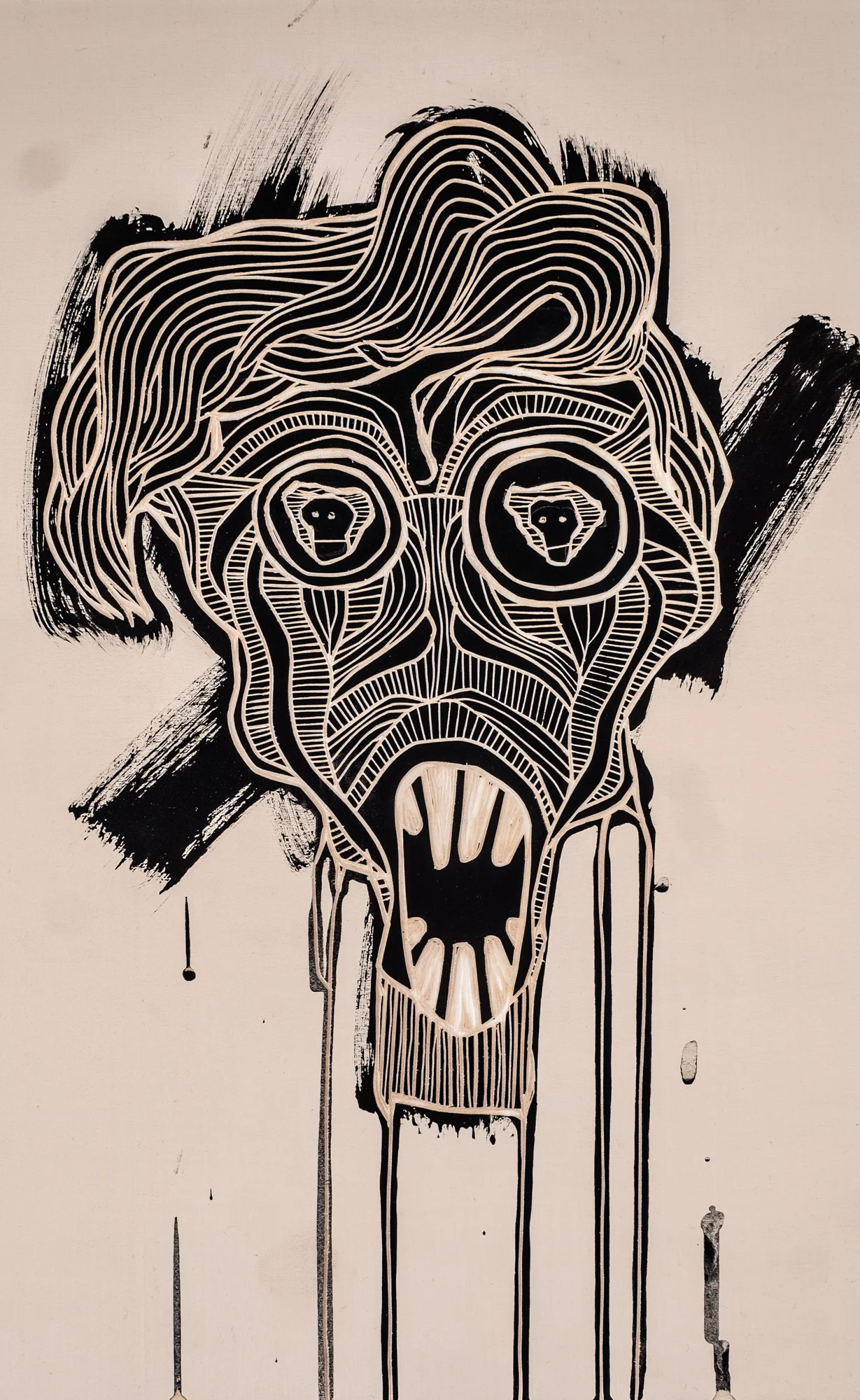Monkey eyes (2019) Acrylic on wood / woodcut 40 x 30 cm