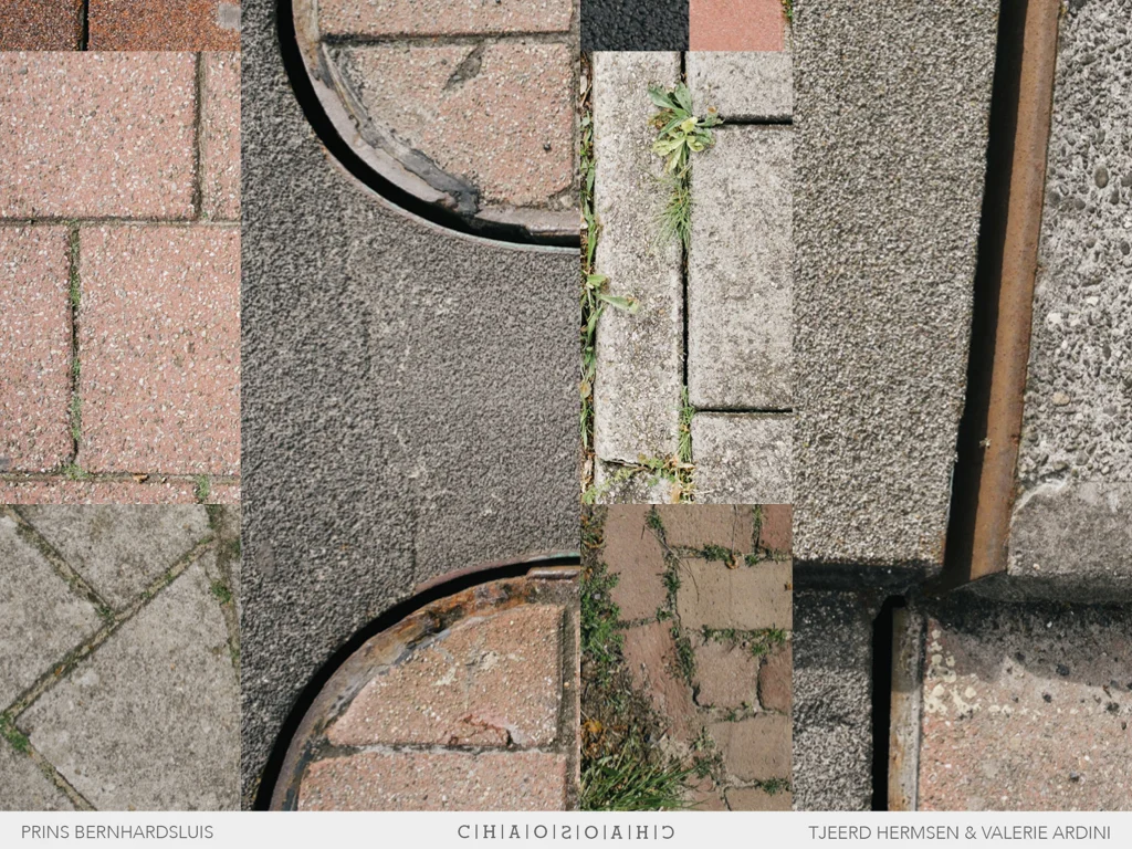 Chaos van texturen, materialisering. Klinkers, tegels, verschillende legverbanden, asfalt, beton, etc. Lappendeken; visueel geweld. 