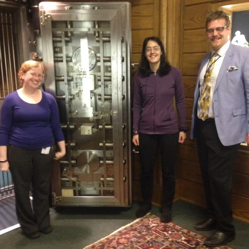 Abbie Weinberg, the door to the vault, me, and Alan Katz. (Photo by Kate Pitt.)