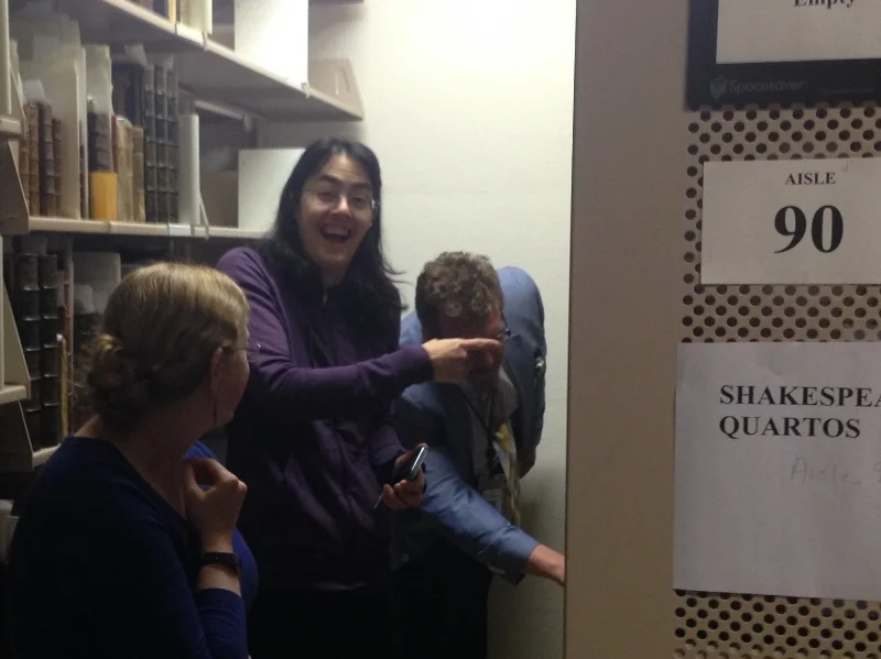 In case you've ever wondered what I look like when I realize that I'm staring at the only first quarto of Titus Andronicus in existence... I look like this. (Photo by Kate Pitt.)