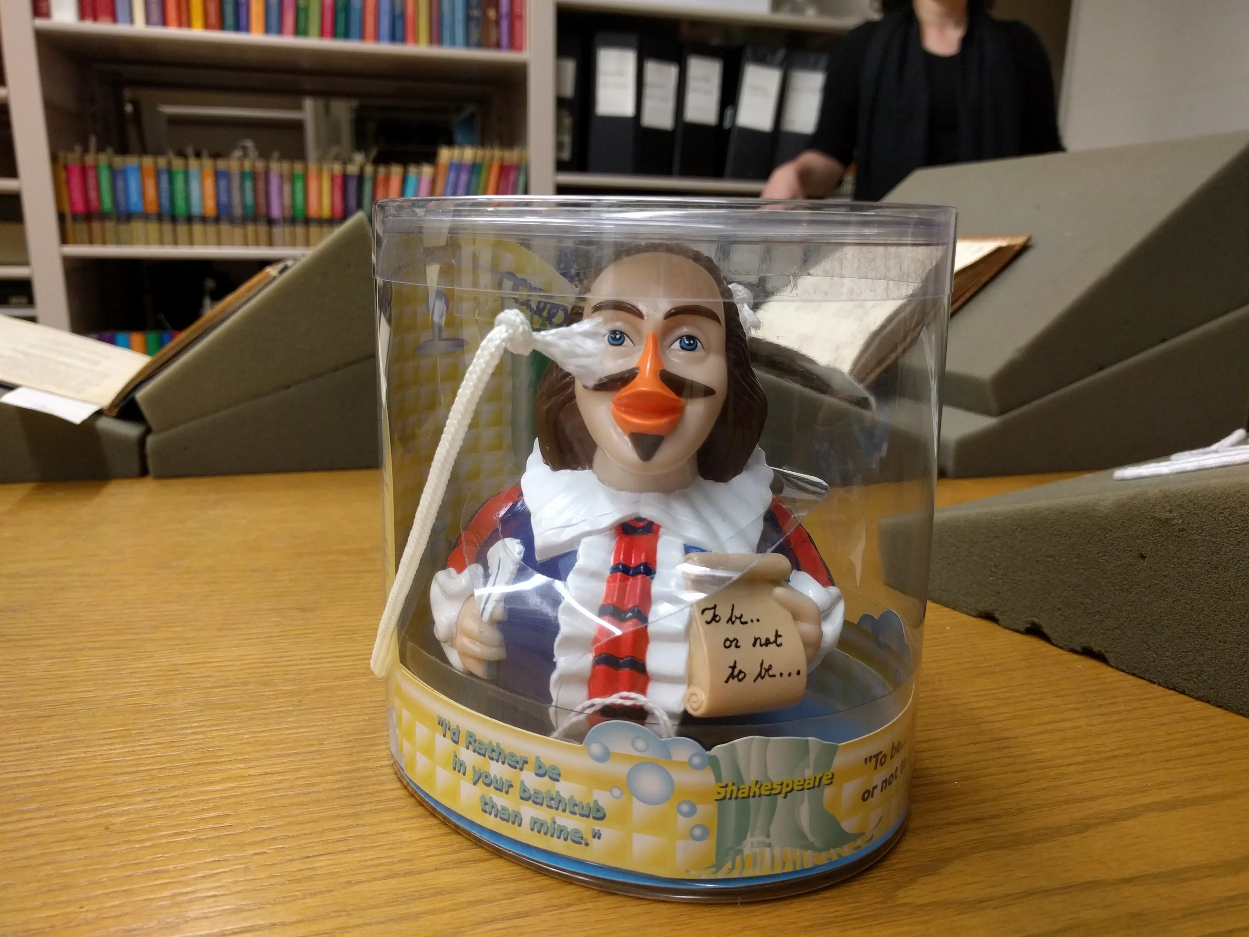 Shakespeare rubber ducky. This is how cool the Folger is: this ducky is part of their collection . It's in the vaults . It has a call number . It's in the original packaging .